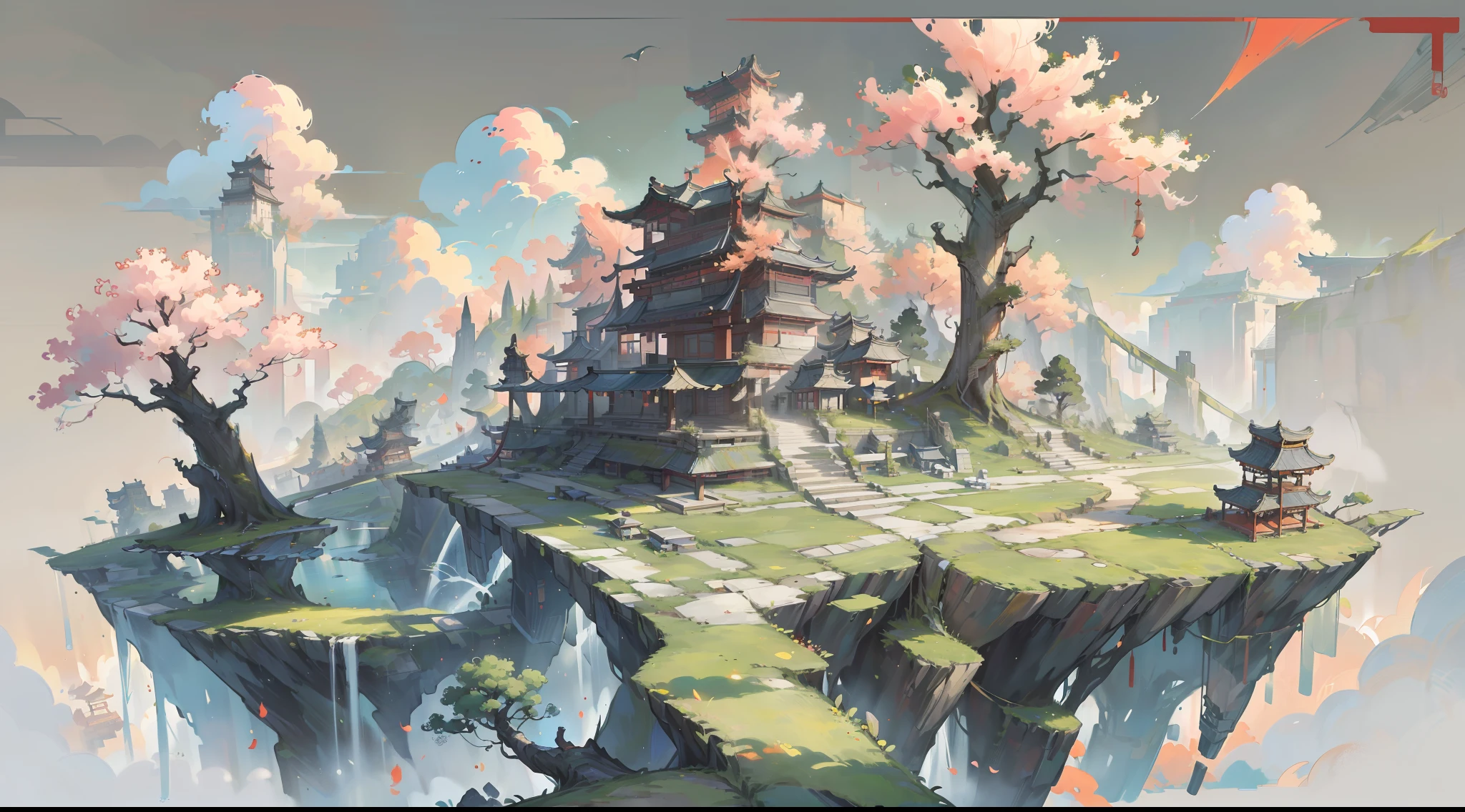 Antique game scene design,Chinese ink painting high angle angle OC rendering sculpture,Long shots,A country of giant trees in another world,Floating island,The roots of giant trees can live an entire town,Game scene design,cinematic lig,gentle light,8K,high-definition