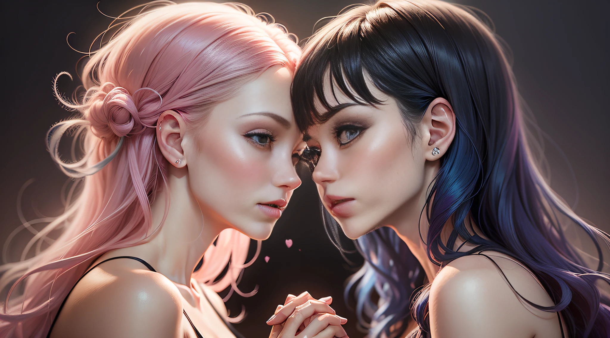 ((Tastefulness like cosmetics advertising)), Highest quality 8K portraits, Crisp resolution, Portrait of two beautiful women, Black background, Face-to-face attitude, Holding each other's hands, The woman on the left has blue hair, The right woman's hair is pink, The woman on the left has short blue hair, The woman on the right has long pink hair, The woman on the left is older than the woman on the right, The woman on the left has a dignified expression, The woman on the right is smiling, Woman on the left in a black dress, Right woman in white dress, Bust-up, No clothes are worn, No makeup, No accessories,