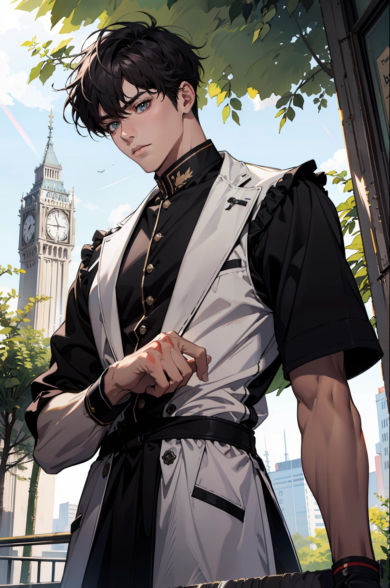 (absurdres, high - resolution, overdetalization), 1 male, beutiful, tall muscular guy, very short hair, The best ratio of four fingers to one thumb, Hands close up, veins in the arms, Better light and shadow, Background - Lane, Detailed sunlight, Sit, Little cats gathered nearby to him, Spotted sunlight, daytime, dof, Plants, summer, (dutch angle), closed mouth, Neon