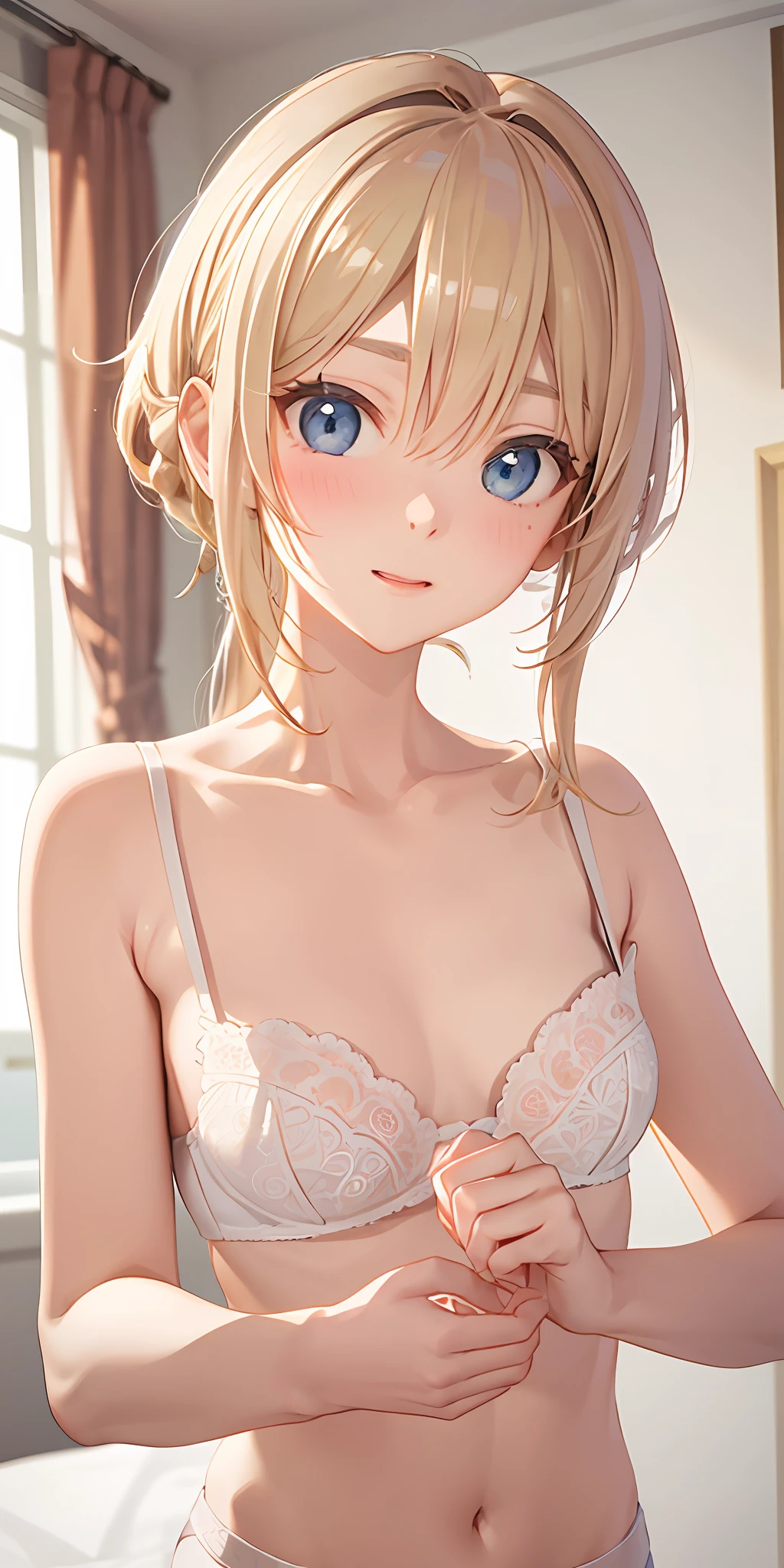 (Realstic: 1.4), (The Masterpiece, sidelight, Fine and beautiful eyes: 1.2), The Masterpiece*portrate、、、、, Realstic, 3D 顔, Luminous Eyes, Shiny hair, Skin falls out, 独奏、、、、, embarassed, (epigastrium), Eight-headed body、fluctuate、Dark eyes、hikari、White underwear, Blonde hair、(princess)