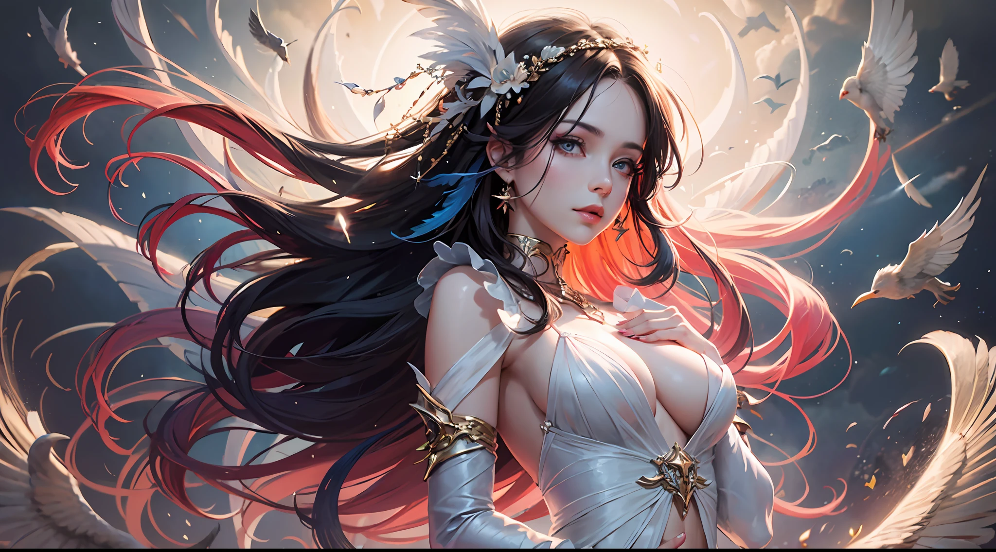 1girly,full - body,(Goldeneye),(redeyes),(Colored feathers),(Moe girl:1.1),Nice detailed eyes，Colored hair，Very long hair，tiny breast，（looks at the viewer），stylish，cwoman，full of energy，outfits，front facing，Colorful，Dynamic，backgrounds，Elemental，Be confident，expressively，Hold，statement，fittings，Majestic，coil，around，Touch the，Scenes，attention-grabbing，stylish，bigger，Smart，modern day，stylish, focal point, stylish,,white  Background,The Masterpiece，the best qualityt，（the best qualityt), ((Masterpiece)), (high - resolution), Original Painting, Extremely detailed 8k wallpaper, (anextremely delicate and beautiful),((Detailed face)), beautifuldetailedeyes, Hair flutters in the wind, disheveledhair, lens flares,