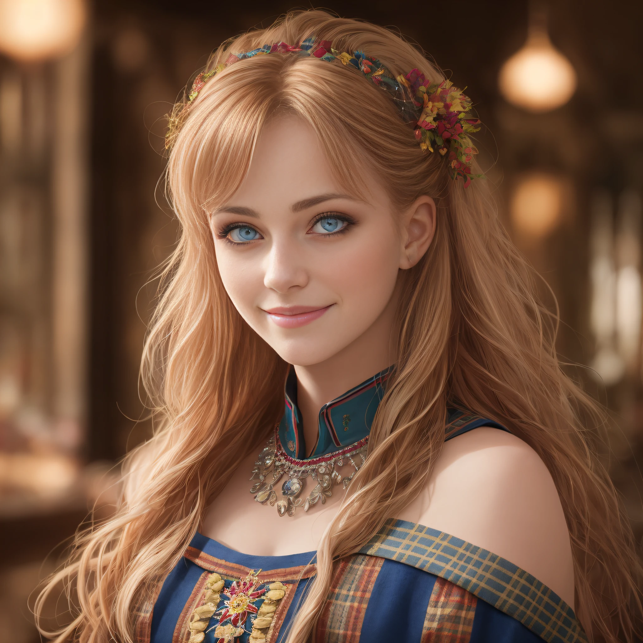 Scotland traditional dancer, portrait of a photorealistic incredibily beautiful happy woman, 20 yr, half smiling, staring at camera in front, intense coloration fantasy, light hair, a stunning realistic photograph 20 years , Random hair, random color eyes, Luminism, Bar lighting, octane rendered