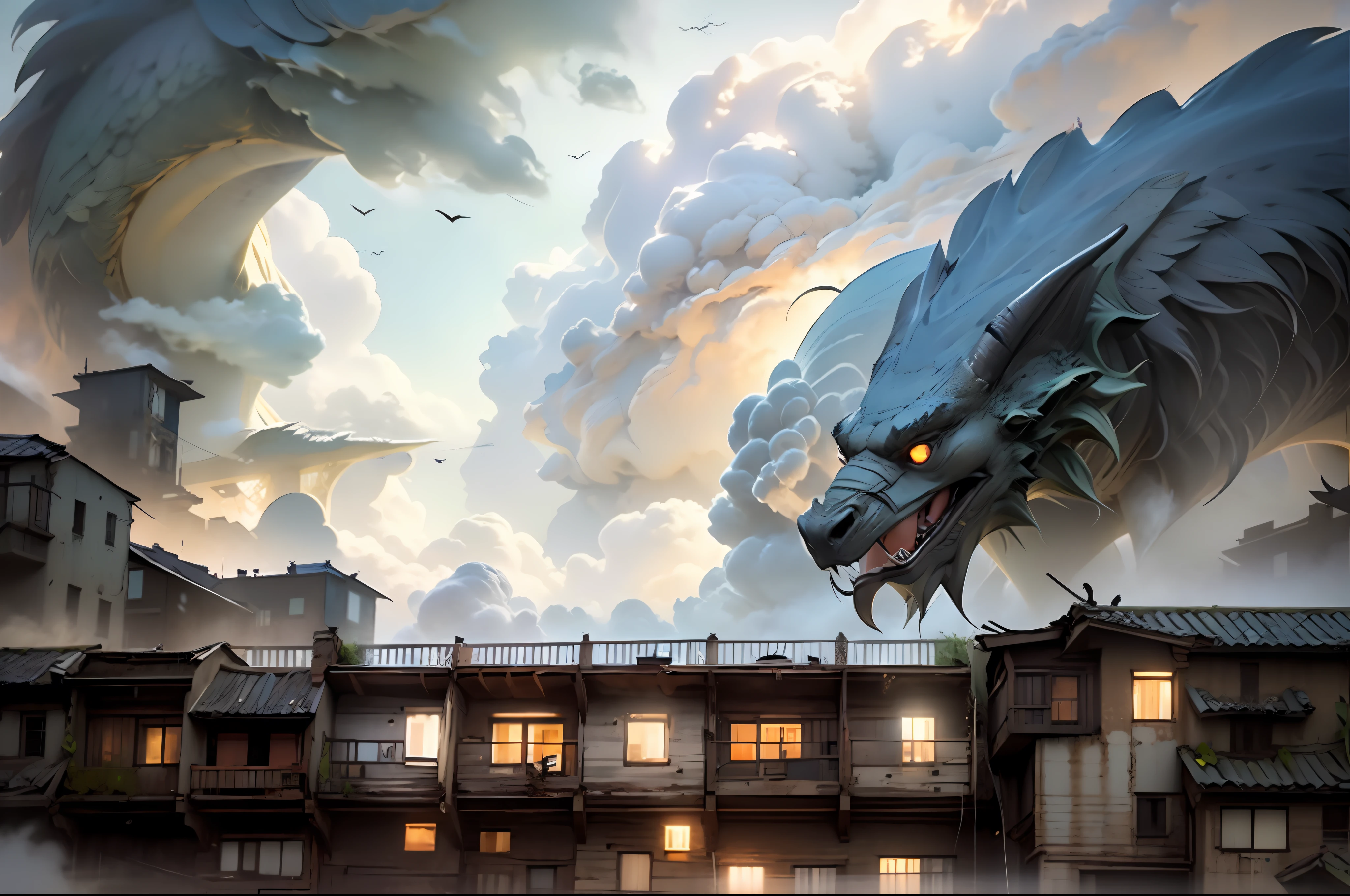 Describes a dragon composed of black clouds,A view surrounding an apartment building,Chinese-punk、Climate clouds、#vfxfriday、American Barbizon School、Narayan Shridhar Bendre、Elements of heat waves and industrial terror。The painting or scene may present an atmosphere of darkness and mystery,A fusion of different art styles and themes,Express the imagination of the urban industrial landscape