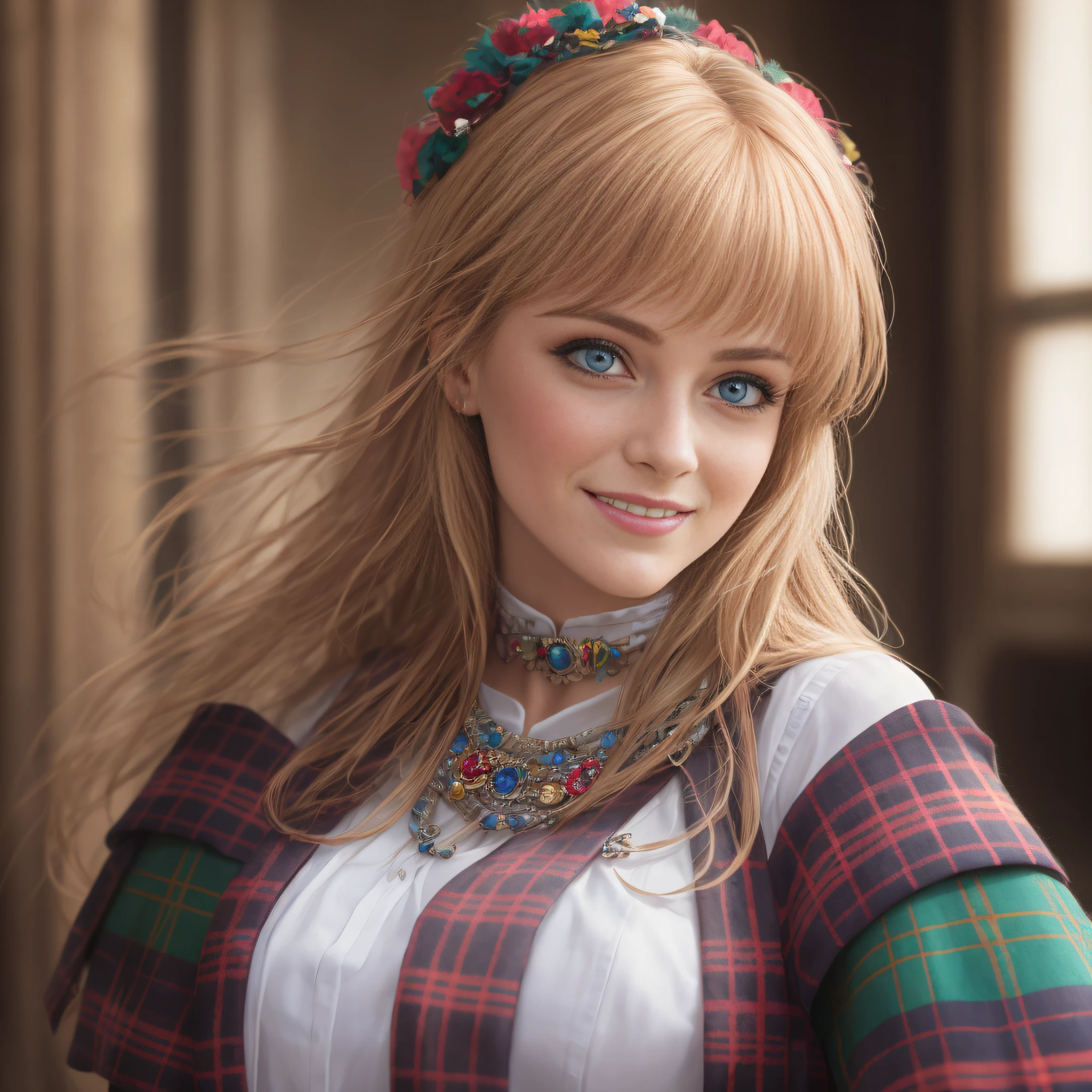 Scotland traditional dancer, portrait of a photorealistic incredibily beautiful happy woman, 20 yr, half smiling, staring at camera in front, intense coloration fantasy, light hair, a stunning realistic photograph 20 years , Random hair, random color eyes, Luminism, Bar lighting, octane rendered