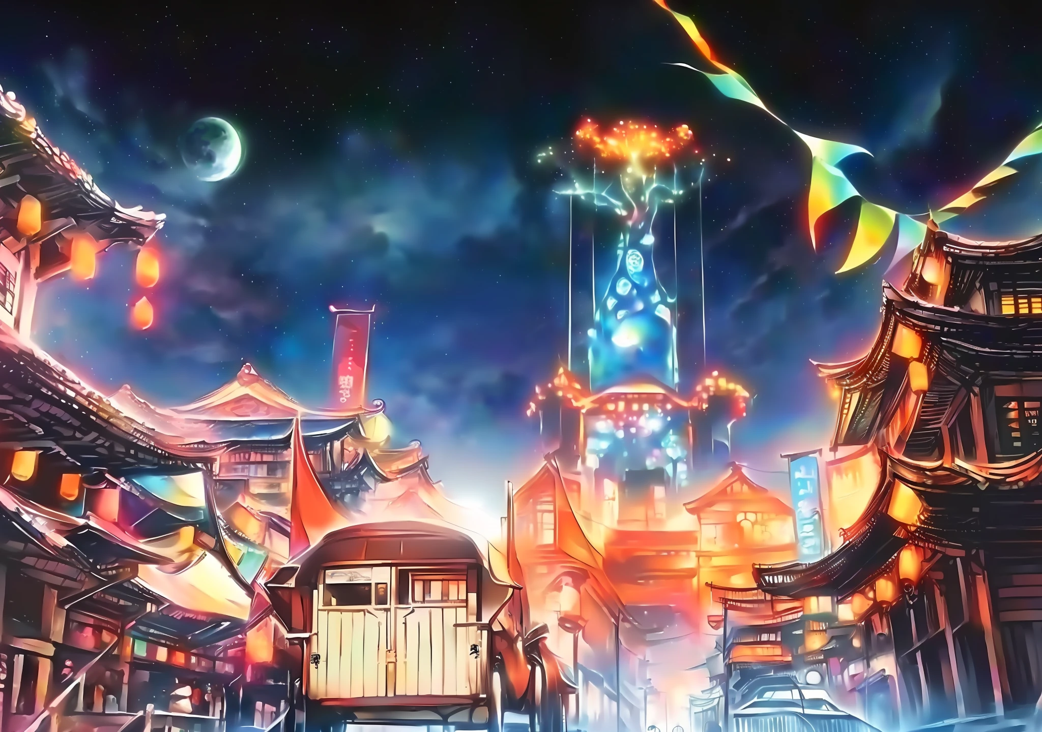 Anime scenes of streets with horse-drawn carriages and buildings, colorful kitsune city, colorful anime movie background, Best anime 4k konachan wallpaper, Onmyoji detailed art, Anime Glossy＇．earth, /traditional japanese concept art, anime art nouveau cosmic display, summer festival night, anime style cityscape, Anime fantasy artwork, anime”, “ anime, Complete - View House Details1 Lines are smooth and obvious