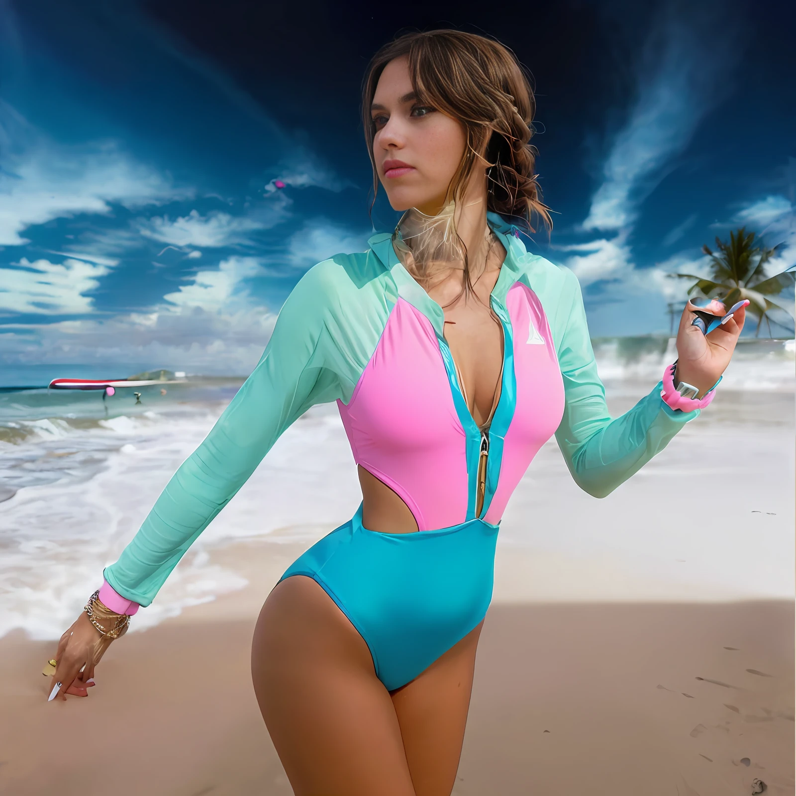 Professional photo of Arapei woman in pink and blue swimsuit,Braided standing on the beach,The background is the beach, standing next to a surfboard