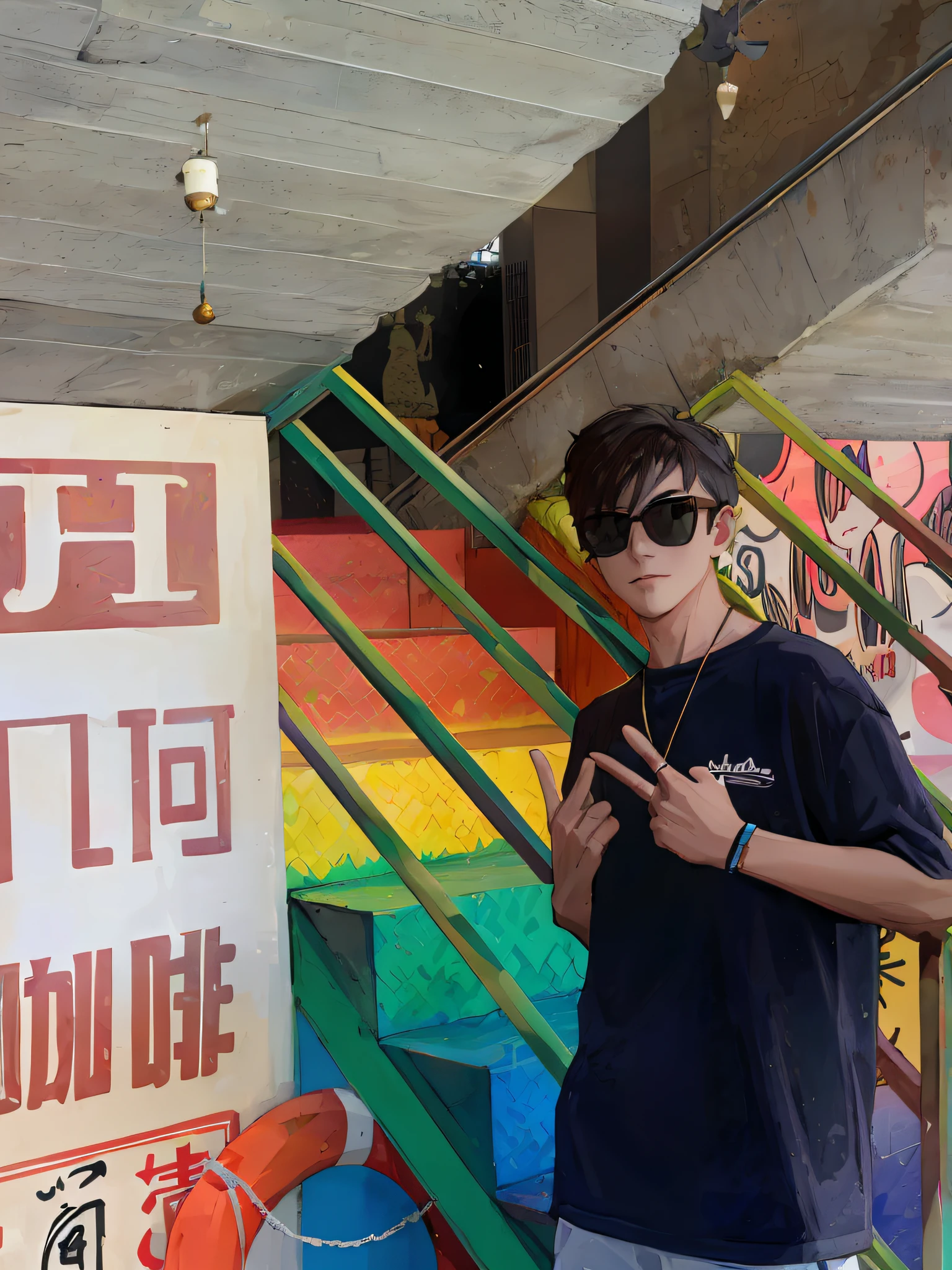 character from pokemon, V gesture, a man in sunglasses standing next to a staircase, half potrait, detailed face, high saturation, particle effects, high image quality. 4k, UHD,