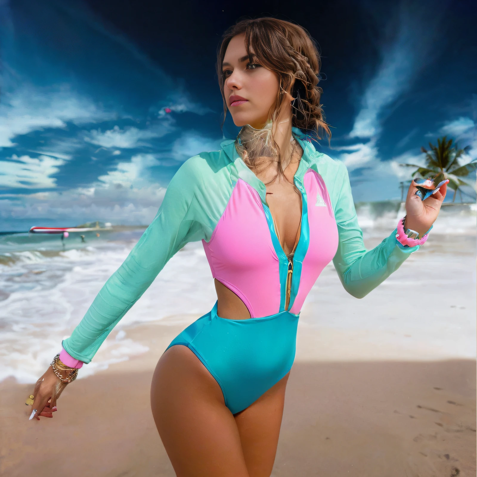 Professional photo of Arapei woman in pink and blue swimsuit，Braided standing on the beach，The background is the beach, standing next to a surfboard