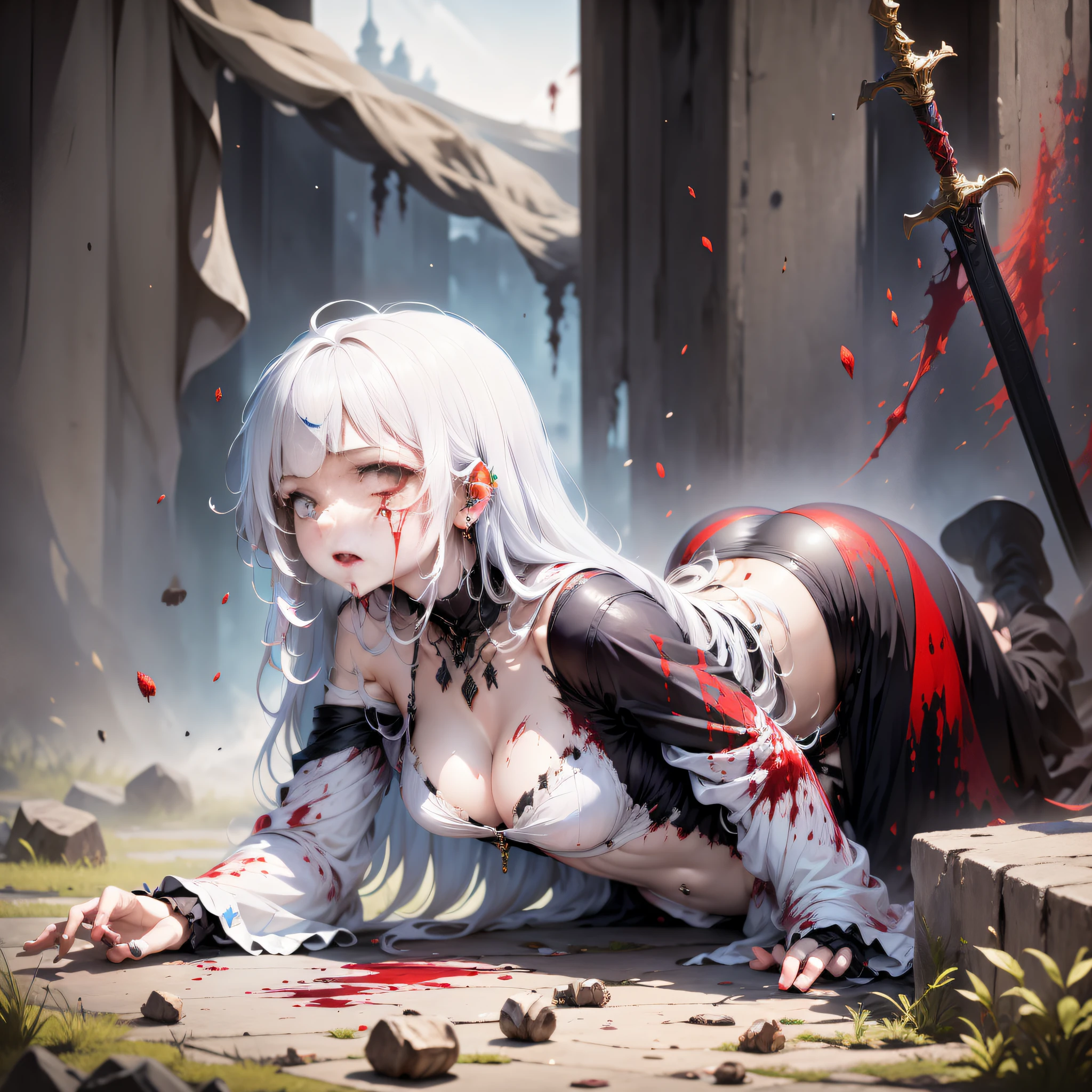 The sword pierced the white-haired girl's abdomen, and she fell to the ground covered in blood