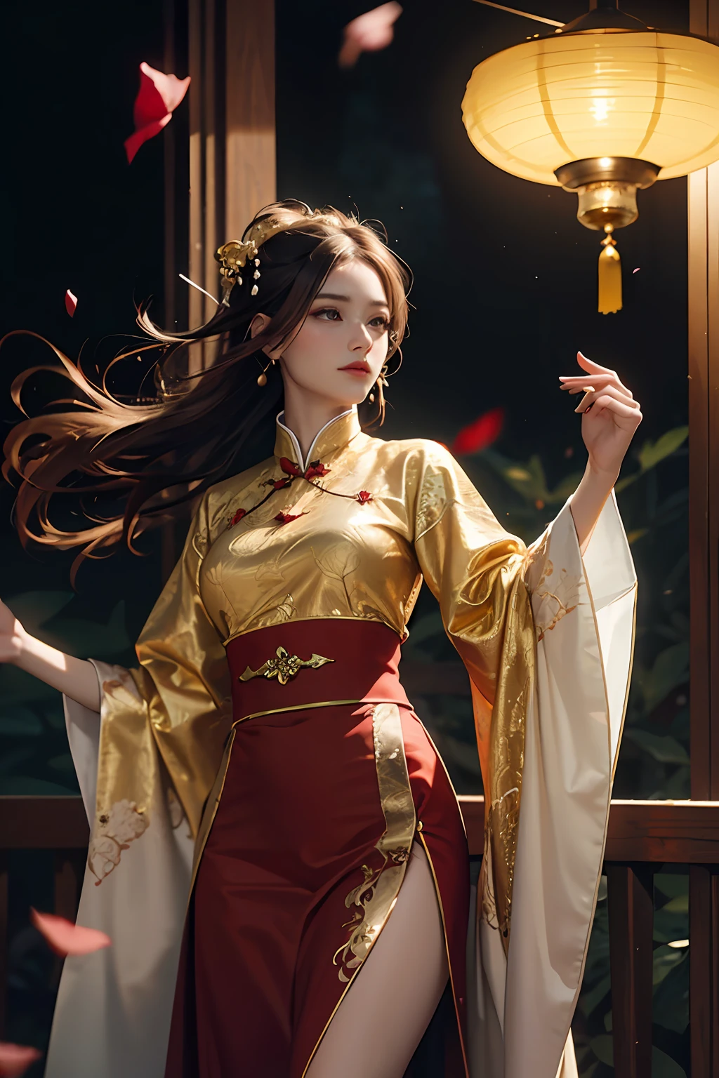 best quality, masterpiece, highres, (exquisite body:1.5),gorgeous face,(milky skin:1.3),intricate details,high resolution,wallpaper,
1girl, solo, dress, hair ornament, (((gold and red dress))), flowers, long hair, brown hair, closed mouth, jewelry, long sleeves, hand up, wide sleeves, big eyes,floating hair, chinese clothes, hanfu, embroidery, long skirt, natural pose, falling petals, indoor,fanning, lantern,
16K,HDR,highres,depth field,(film grain:1.1),boken,golden hour,(lens flare),vignette,rainbowing,(color grading:1.5)
