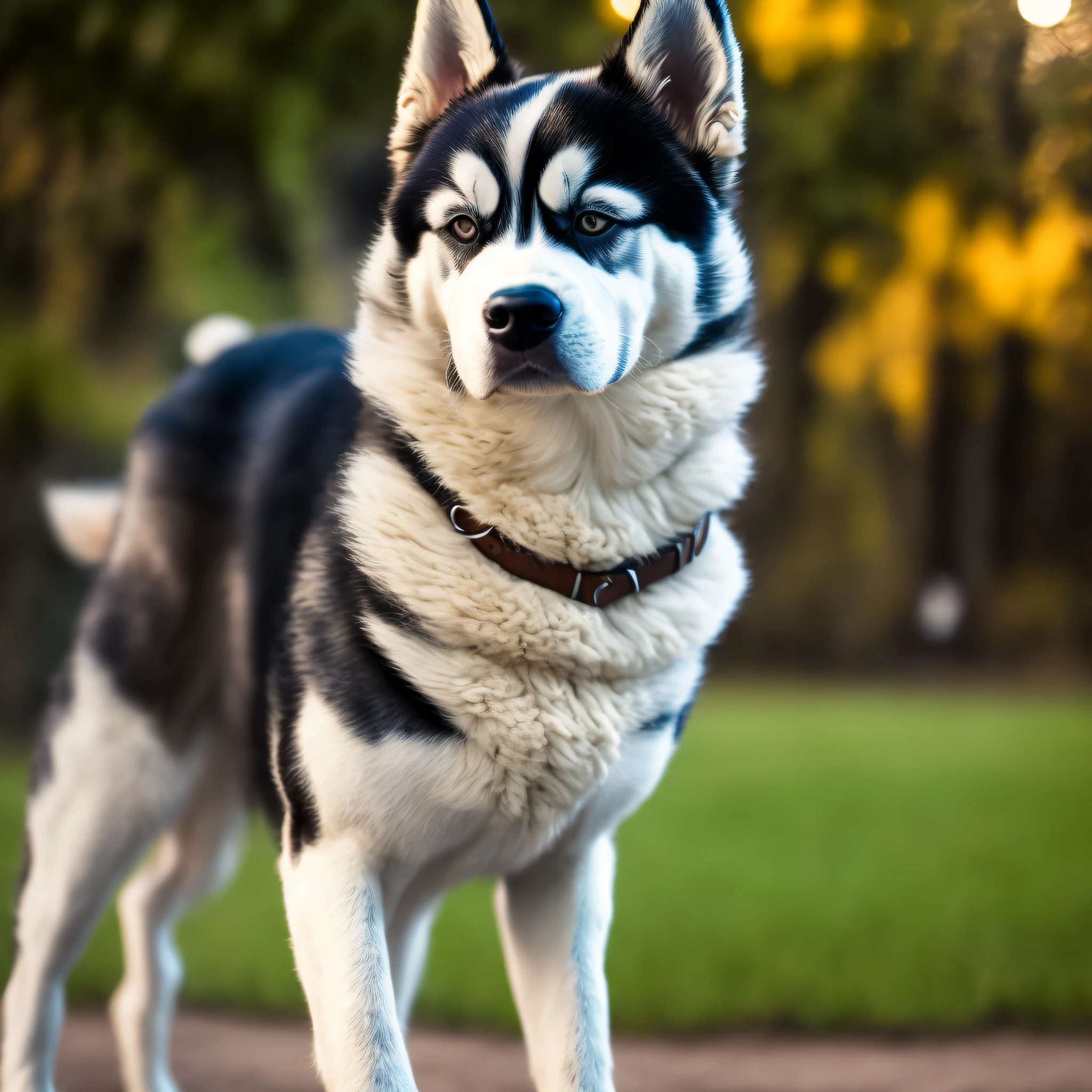A cute husky dog is playing,parque,close-up of the private parts,high-definition,8K,Digital photos,Be authentic ,Hair,glowing with,3D --auto