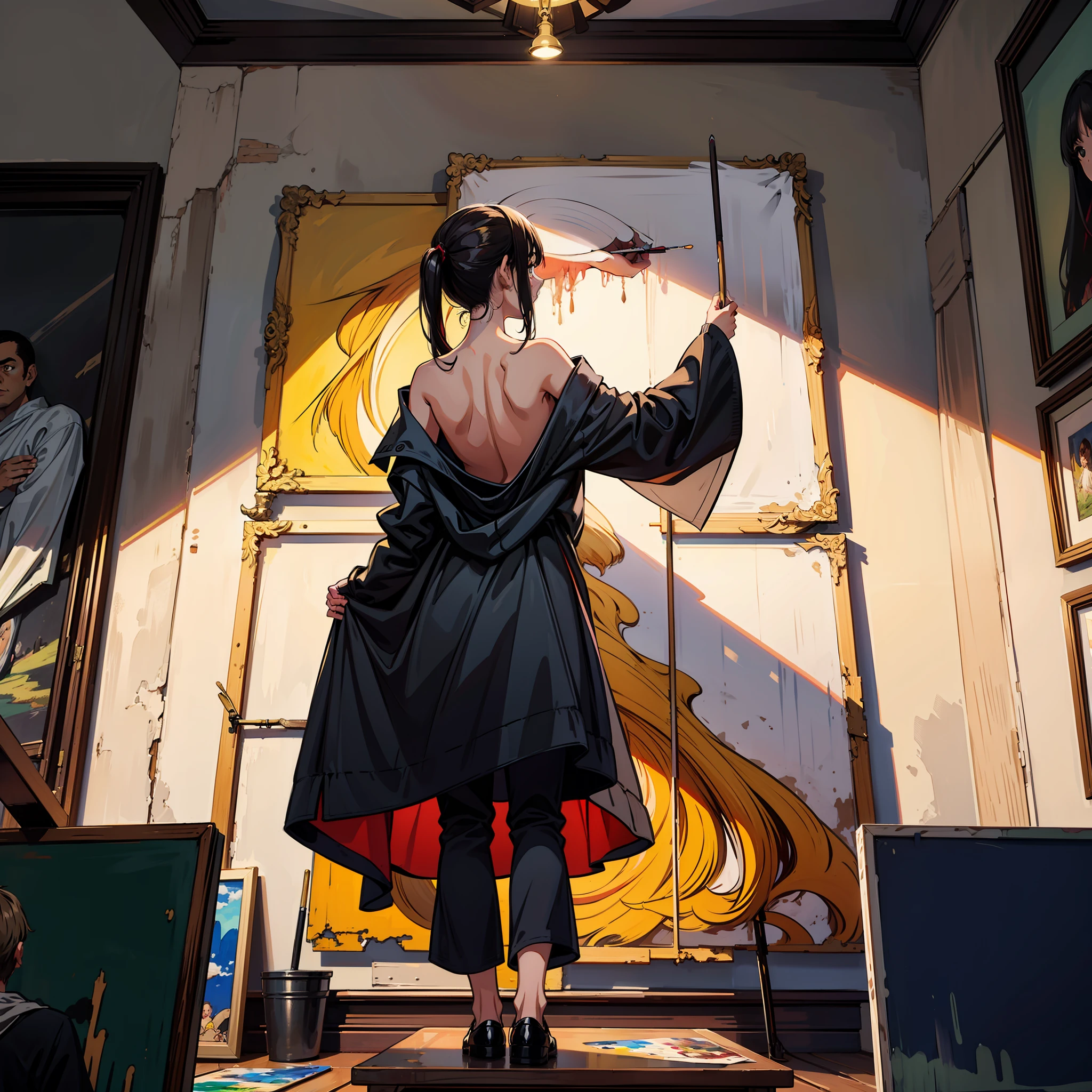 Enormous big painting, person looking at it, back view, the painting contains a person looking at a painting and so on, endless, depth, far shot cenimatic light, soft light, cenimatic shot, detailed,painting focus,