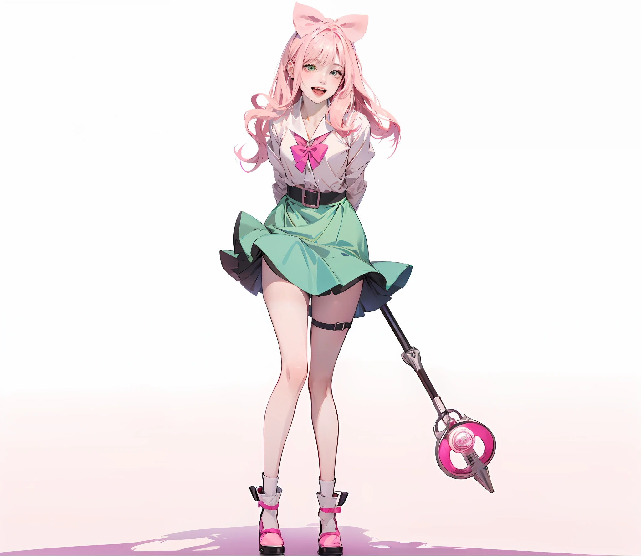 anime girl with pink hair and green skirt posing for a picture, anime character, official character art, anime moe artstyle, high quality anime artstyle, an anime girl, pink twintail hair and green eyes, cute, (anime girl), loli, full body, beautiful legs, princess, pink shoes