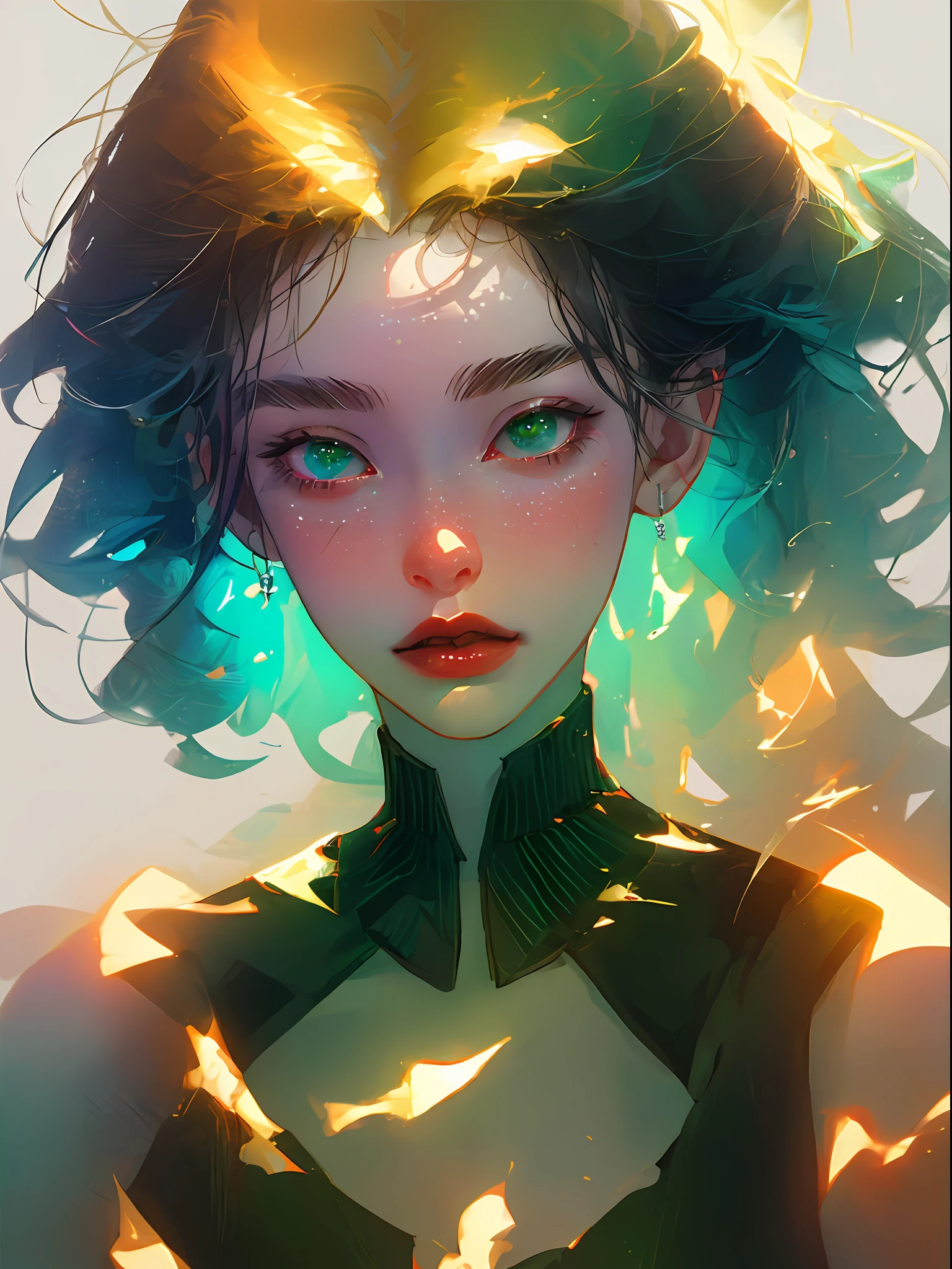 Kitten swimming underwater,Play with fish,lol,cheerfulness,in the style of Otomo Katsuhiro,Rendering style in realistic hyper-detail,glowing with,amarelo,blue tinted,zbrush,hyper realistic oil,Close-up of the head,Exaggerated perspective,Tyndall effect,water droplet,Rainbow colors of mother-of-pearl,Holographic white,Green background,Realistic --ar 3:4 --niji 5 --s 750 --v 5.1