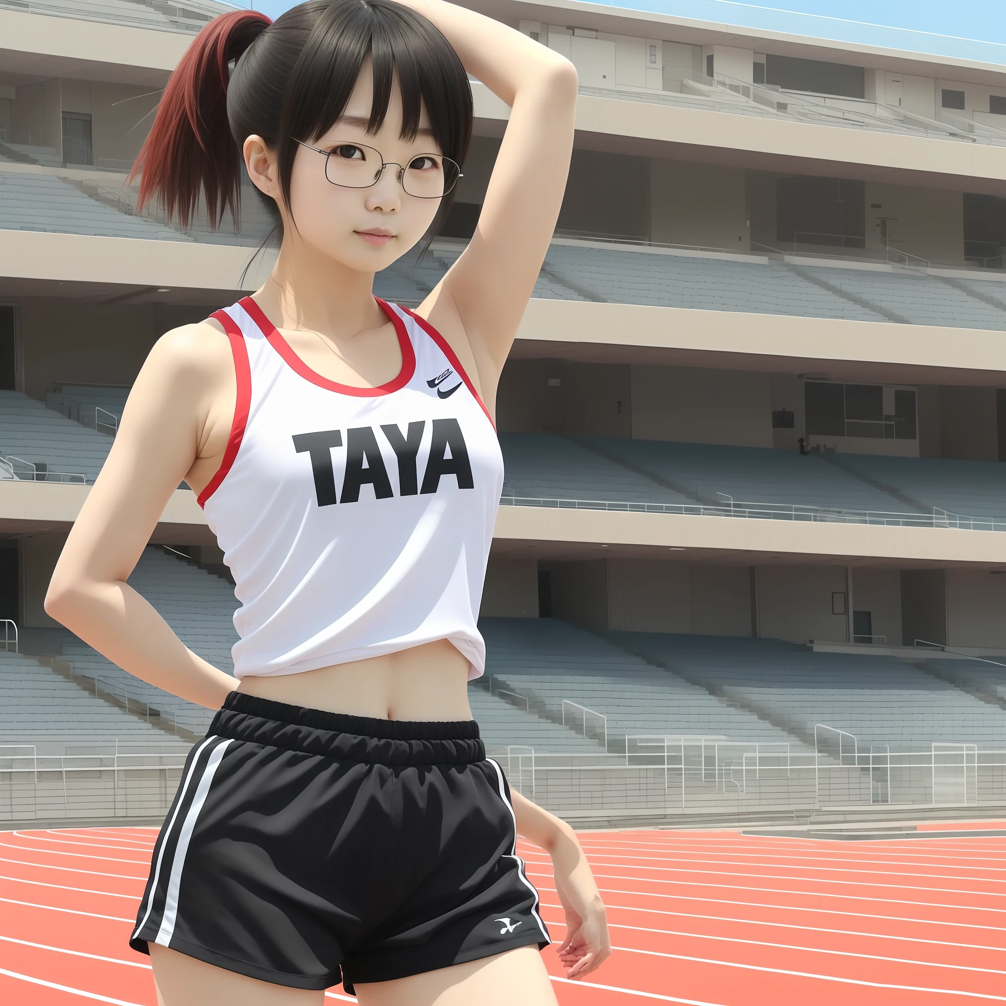 The scene is an empty track and field stadium in the early morning、1 naïve one 8 、Glasses、Japan College Girl、track & Field Club Practice、Athletics field、1man、Doing stretching exercises、Bra Top((white color)(Landless))、Running shorts(red)Wearing、 独奏(akiko takase、Kazue Kato、、Aya Takano、Etsuko Miura、town、tsugumi ohba、chiho、Rinko Kawaichi、Takeyuki Kanda)、 Body shape is 158 cm tall、Weight 53kg、Bust 83cm(D Cup)、Waist 61cm、Hips 86cm、 Shoulder-length black hair、bangs、