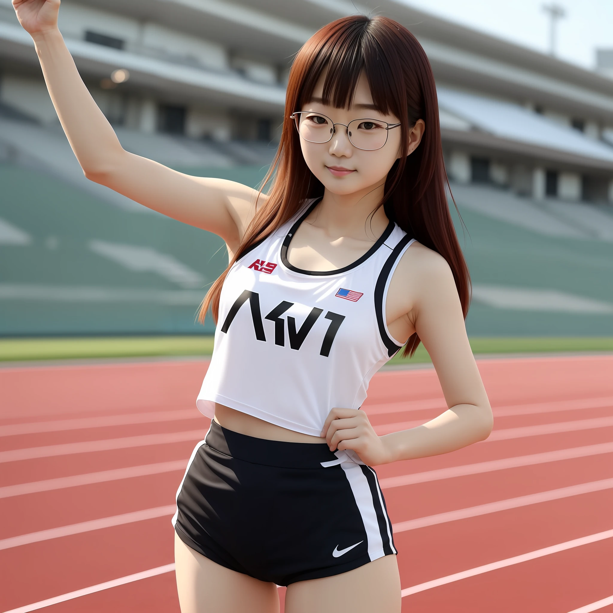 The scene is an empty track and field stadium in the early morning、1 naïve one 8 years old、Glasses、Japan College Girl、track & Field Club Practice、Athletics field、1man、Doing stretching exercises、Bra Top((white color)(Landless))、Running shorts(red)Wearing、 独奏(akiko takase、Kazue Kato、、Aya Takano、Etsuko Miura、town、tsugumi ohba、chiho、Rinko Kawaichi、Takeyuki Kanda)、 Body shape is 158 cm tall、Weight 53kg、Bust 83cm(D Cup)、Waist 61cm、Hips 86cm、 Shoulder-length black hair、bangs、