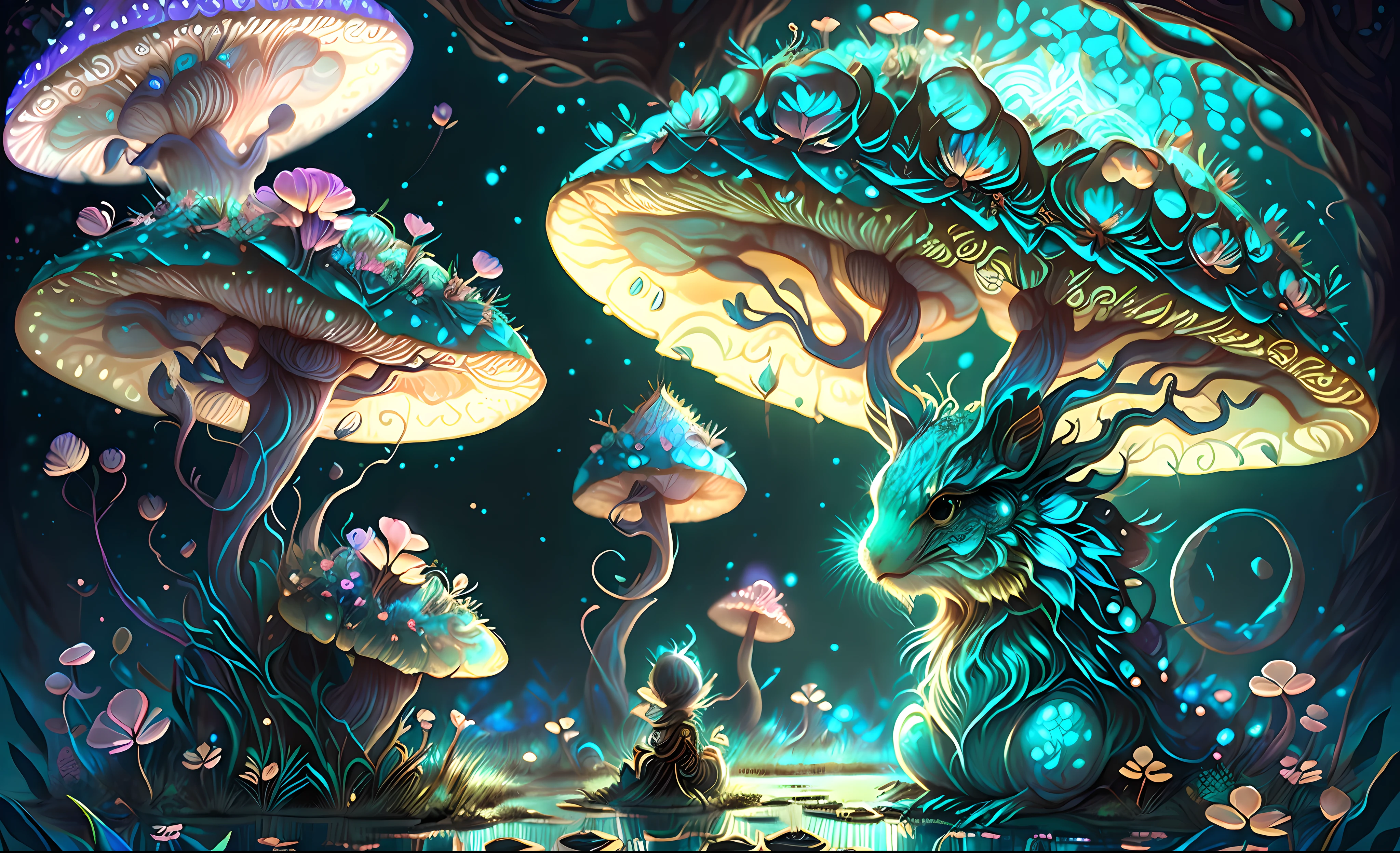 There are two little mushroom gods, who are sitting under a luminous exotic flower, en medio de exuberante naturaleza fresca y agua que cruza el rio, Lindo arte digital detallado, Adorable pintura digital, detailed fantasy digital art, realistic fantasy illustration, whimsical fantasy landscape art, detailed digital 2d fantasy art, Hermosa obra de arte digital, digital 2d fantasy art, Lindo arte digital, colorfull digital fantasy art, detailed fantasy illustration, fantasy art behance