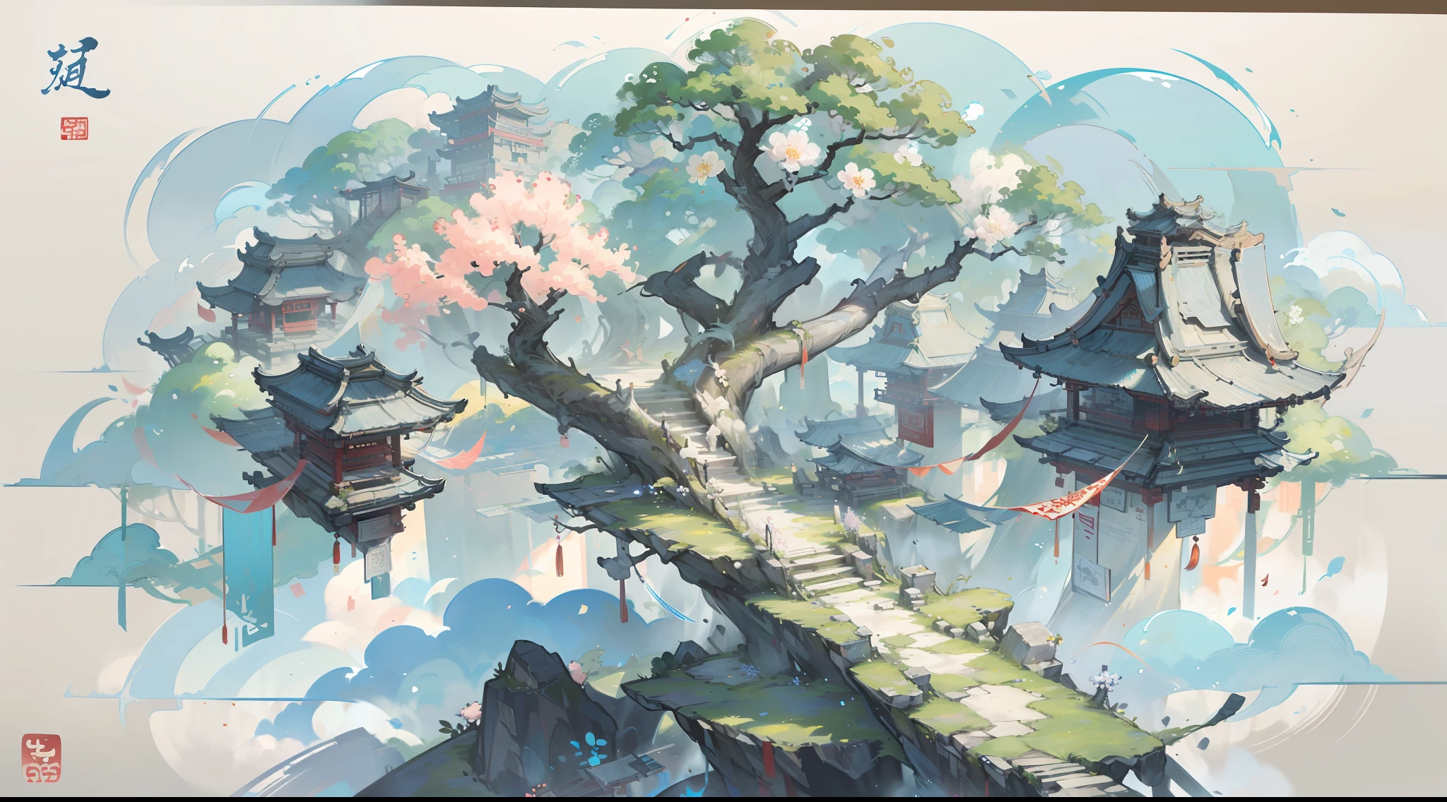 Antique game scene design,massive trees,florals,A blue sky,white cloud,Chinese ink painting high angle angle OC rendering sculpture