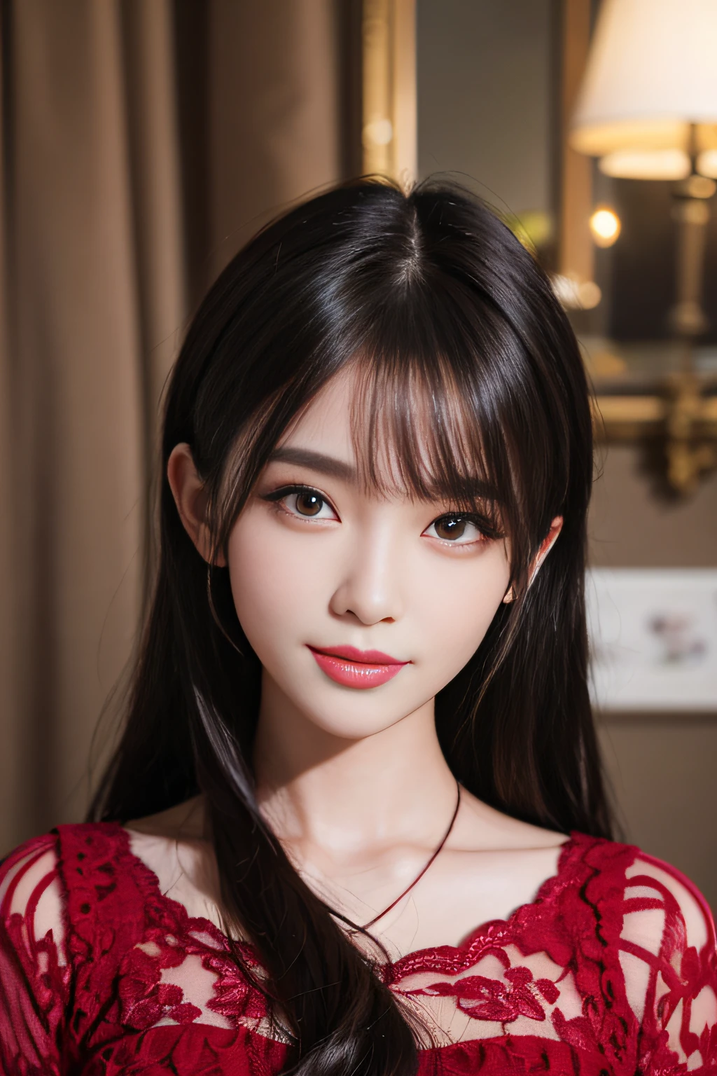 Masterpiece, best picture quality, high quality, beautiful woman, Japanese, popular Korean makeup, detailed, swollen eyes, detailed eyes, detailed skin, beautiful skin, ultra high resolution, (reality: 1.4),very beautiful, slightly younger face, beautiful skin, slender, (ultra realistic), (illustration), (high resolution), (8K), (very detailed) (best illustration), (beautifully detailed eyes), (super detailed), (wallpaper), (detailed face), looking at viewer, fine detail, detailed face, pureerosfaceace_v1, smiling, looking straight ahead, looking straight ahead, angle from waist up, realistic photo, bright lighting, professional lighting, black hair (some green), long hair, dark ruins, big red moon, gorgeous red and black dress, mature woman, long stylish bangs,