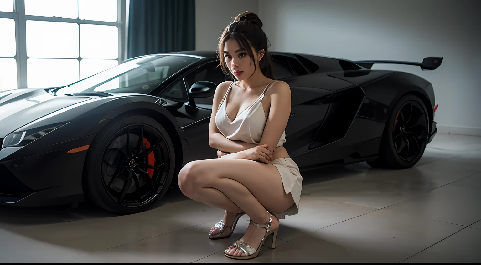 RAW photos,dynamicangle,highly detailed,Gentle light,(((1girls))),(((Solo girl))),black outfit,Crouch in front of the Lamborghini,,full - body,(perfect body figure),(white-skinned),(Pale skin),18 age,freckles,french braid,Hair behind eyebrows,Dari bawah,God Ray,135mm,anatomicaly correct,texture skin,super-detail,high detaild,high qulity, Best quality,high - resolution,The Masterpiece
