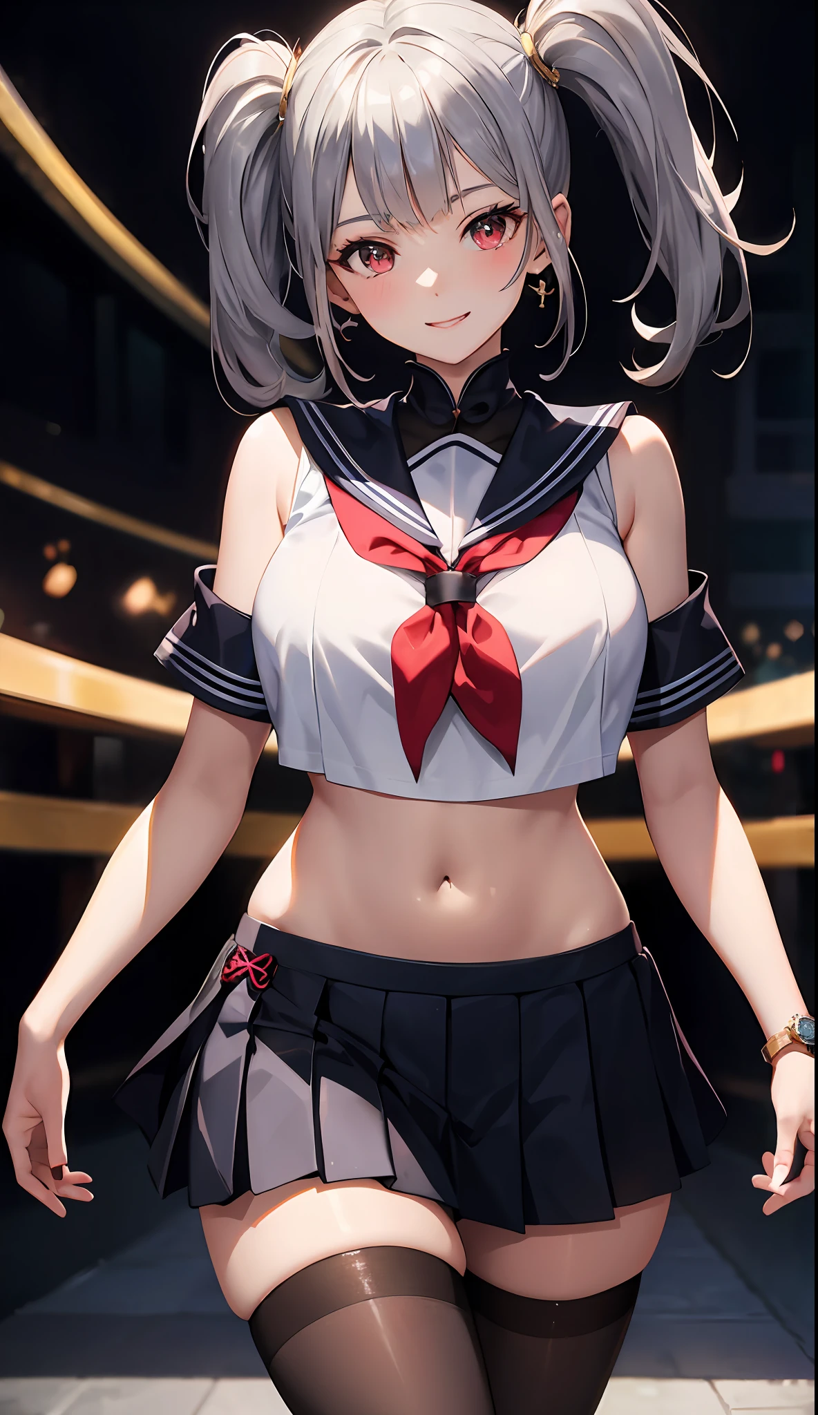 1 girl、The Masterpiece、beautiful  lighting、Detailed beautiful face、Detailed beautiful eyes、Highresolution、Ultra-fine illustration、anextremelydelicateandbeautiful、maximum quality、The whole body is shown、Feet first、(熟女:1.2), 独奏, 30s,White Skin Skin, (silver haired, Blunt bangs ,ponytails,Red eyes),, Curvaceous, (lustrous Some hair, gloss eyes, shinny skin), laugh, Sorrisos, (Radiant skin:1.2), 、thighhights、squating、Open legs、front facing、((sailor clothing)),Pichi Pichi clothes、ratex、Short skirt、uniformed、The navel is visible、pelvic curtain、armpits、Sorrisos、black thighhighs、Watch your audience、under boobs、blushed、perspiration、jewels、thick thigh、Parting lips、pantyhose、Blushing cheeks、tiptoes、loafers