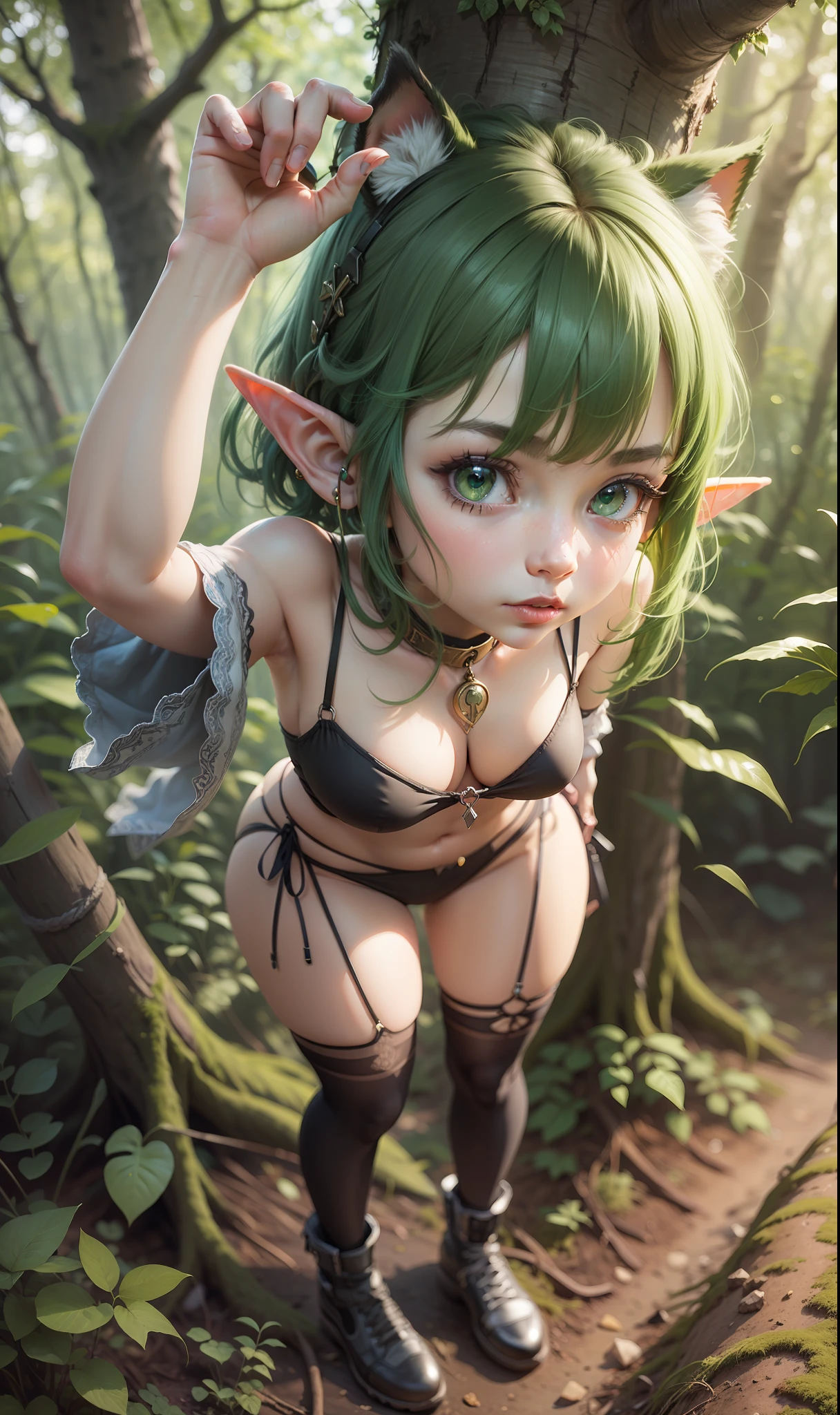((elf girl)), cute, best quality, detailed, 4k, hdr, sharp focus, bound in trees, cuffed hands, hang on tree brunch, damaged clothes,high resolution, ear-length hair, very short hair, messy (green) hair, dynamic posing, traveling in the woods, vibrant detailed background, 1girl, solo, full body:1.2, full_body:1.2,  Animal ears --auto --s2