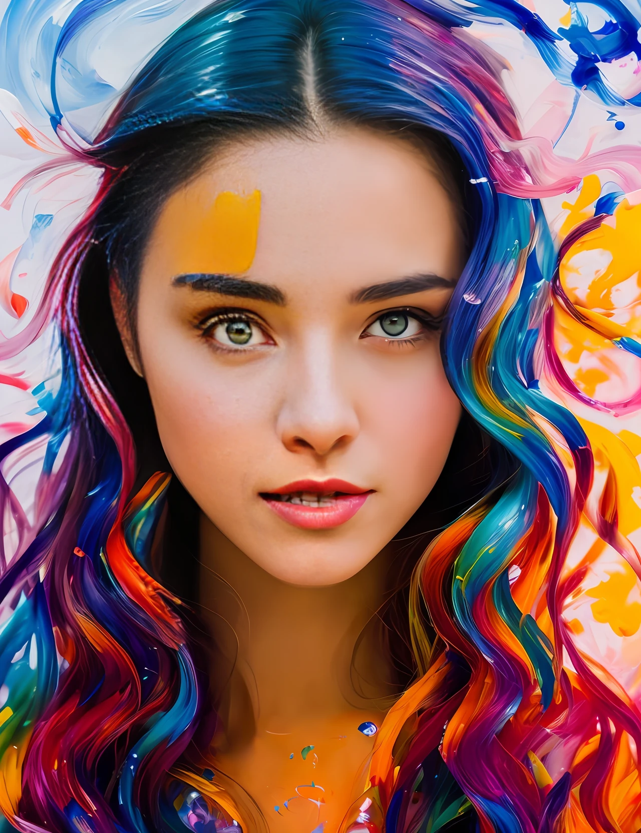 wild mystical lady with waving hair, metallic shine, detailed symmetric eyes, detailed gorgeous face,, anatomically correct, flawless, appearing from colorful liquid oil paint, emerging out of swirling paint best quality, rainbow colors, in style of Andrew Atroshenko, light and glittering and magic diamond shine, magical, ethereal, 8k uhd, dslr, soft lighting, high quality, film grain, Fujifilm XT3