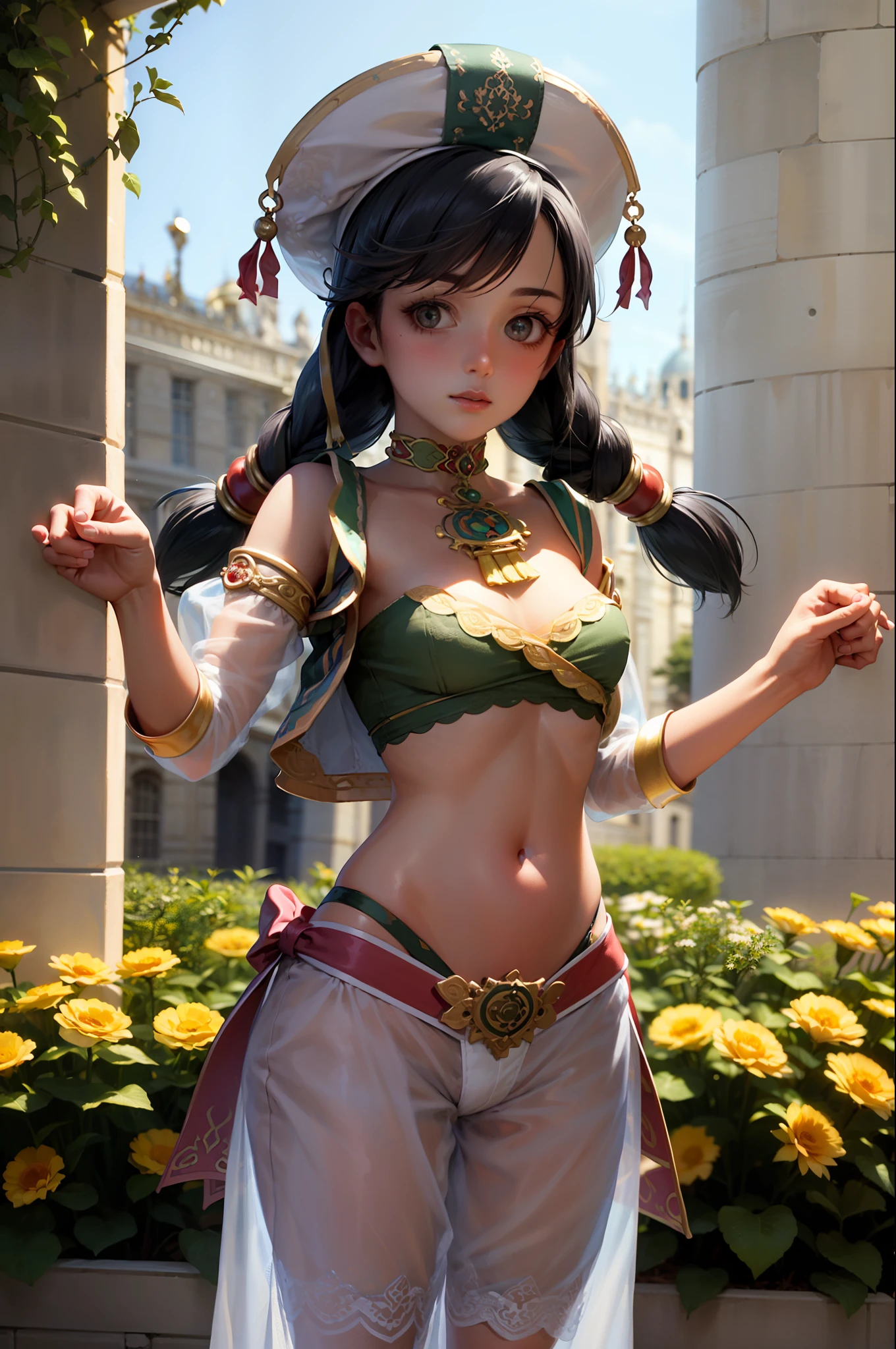 (masterpiece, best quality:1.2), cowboy shot, solo, 1girl, talim, pale skin,pale-skinned female, expressionless,(Chateau de Versailles, Pisa Baptistery Of St. John background, Flowers,navel,crowd), closed mouth, looking at viewer, twintails, braid, hat, arabian clothes, see-through, bandeau, shorts, jewelry