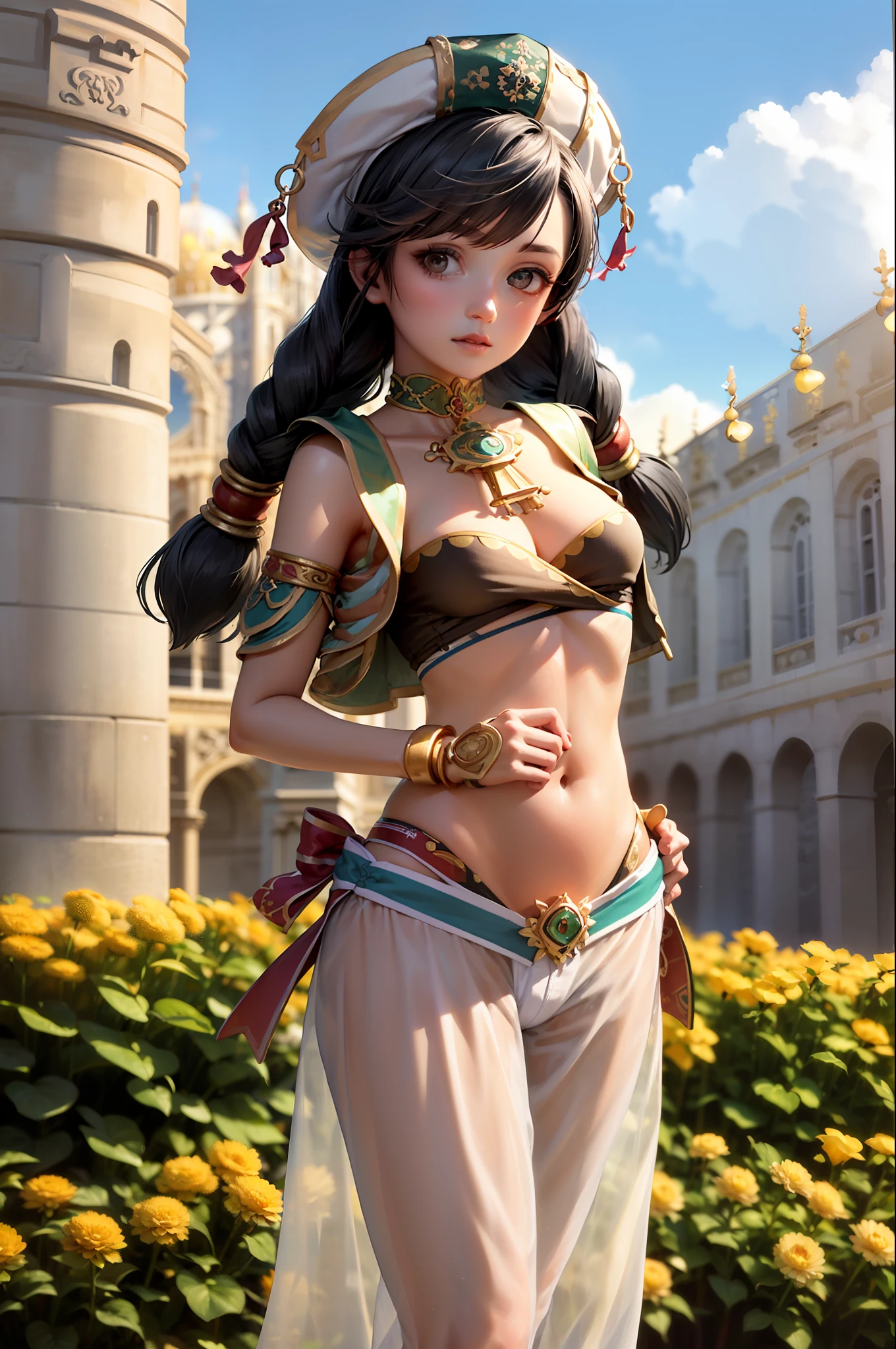 (masterpiece, best quality:1.2), cowboy shot, solo, 1girl, talim, pale skin,pale-skinned female, expressionless,(Chateau de Versailles, Pisa Baptistery Of St. John background, Flowers,navel,crowd), closed mouth, looking at viewer, twintails, braid, hat, arabian clothes, see-through, bandeau, shorts, jewelry