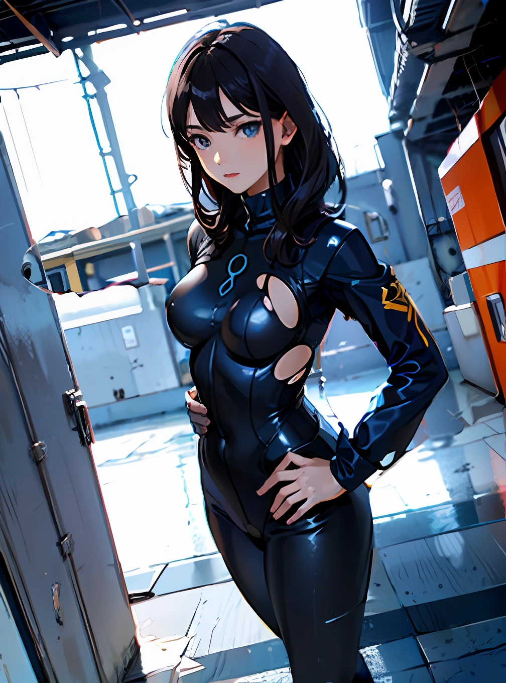 (((A masterpiece)))、(((best qualiy)))、((ultra definition))、(Highly detailed CG illustrations)、((an ex tremely delicate and beautiful))、(Delicate and Pretty Face)、Cinematic light、((1girls))、独奏、(Heart shaped face woman)、((Near the future))、mediummilk、(Torn costume)、Melted clothes、Exposed、regrettable、(charactor focus）,power ranger、 cosplayer, Glossy costume, Blue Battle Suit、 android heroine,