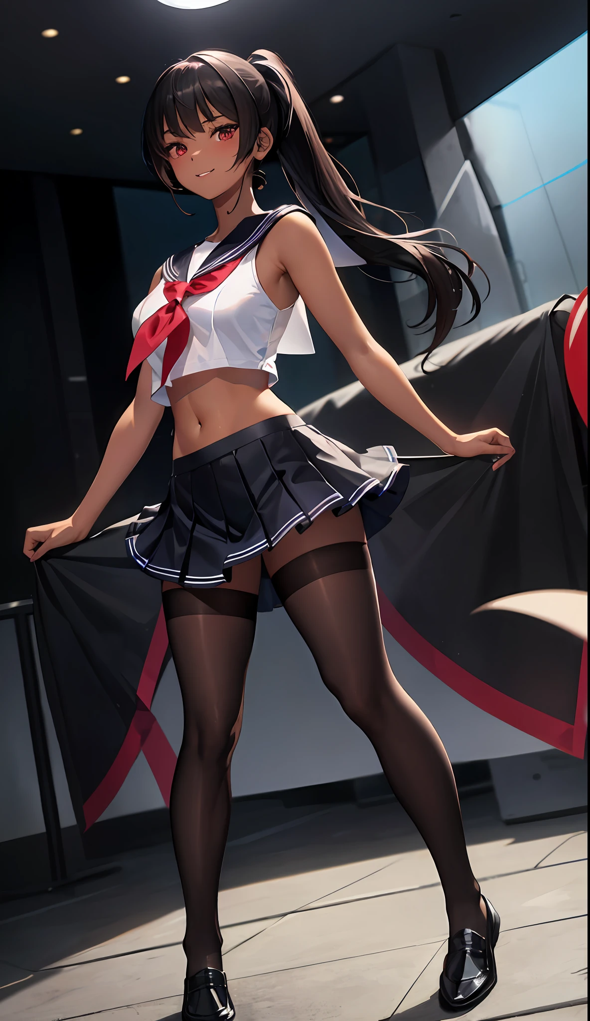 1 girl、masterwork、beautiful lighting、Detailed beautiful face、Detailed beautiful eyes、Highresolution、Ultra-fine illustration、anextremelydelicateandbeautiful、maximum quality、The whole body is shown、Feet first、(熟女:1.2), 独奏, 30s,((dark skinned:1.3)), (Black hair, Blunt bangs ,ponytails,Red eyes),, Curvaceous, (lustrous Some hair, gloss eyes, shinny skin), laugh, Sorrisos, (shining skin:1.7), 、thighhights、((sailor clothing)),Pichi Pichi clothes、Latex、Short skirt、uniformed、The navel is visible、pelvic curtain、armpits、Sorrisos、black thighhighs、Watch your audience、under-boobs、blushed、perspiration、jeweled、thick thigh、Parting lips、pantyhose、Blushing cheeks、tiptoes、loafers