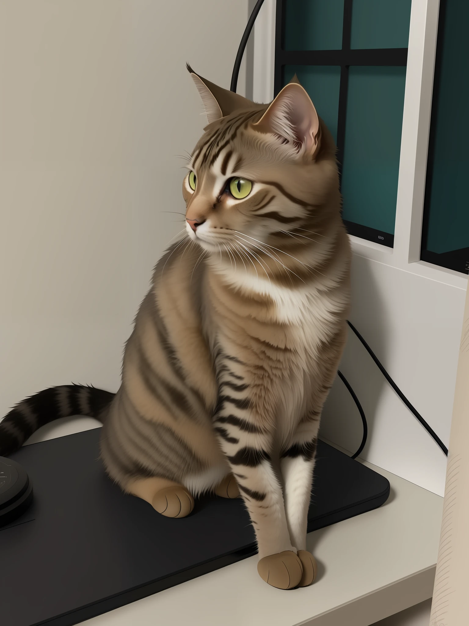 there is a cat sitting on a computer desk with a mouse, Tomado com Sony Alpha 9, sitting on a lab table, sentada em sua cama, pose pensativa, sentar-se casualmente, sentado em um computador, cat on the table in front of her, fazendo uma pose majestosa, sentado em uma mesa, she is looking at us, na frente de um computador, monochromatic, lineart