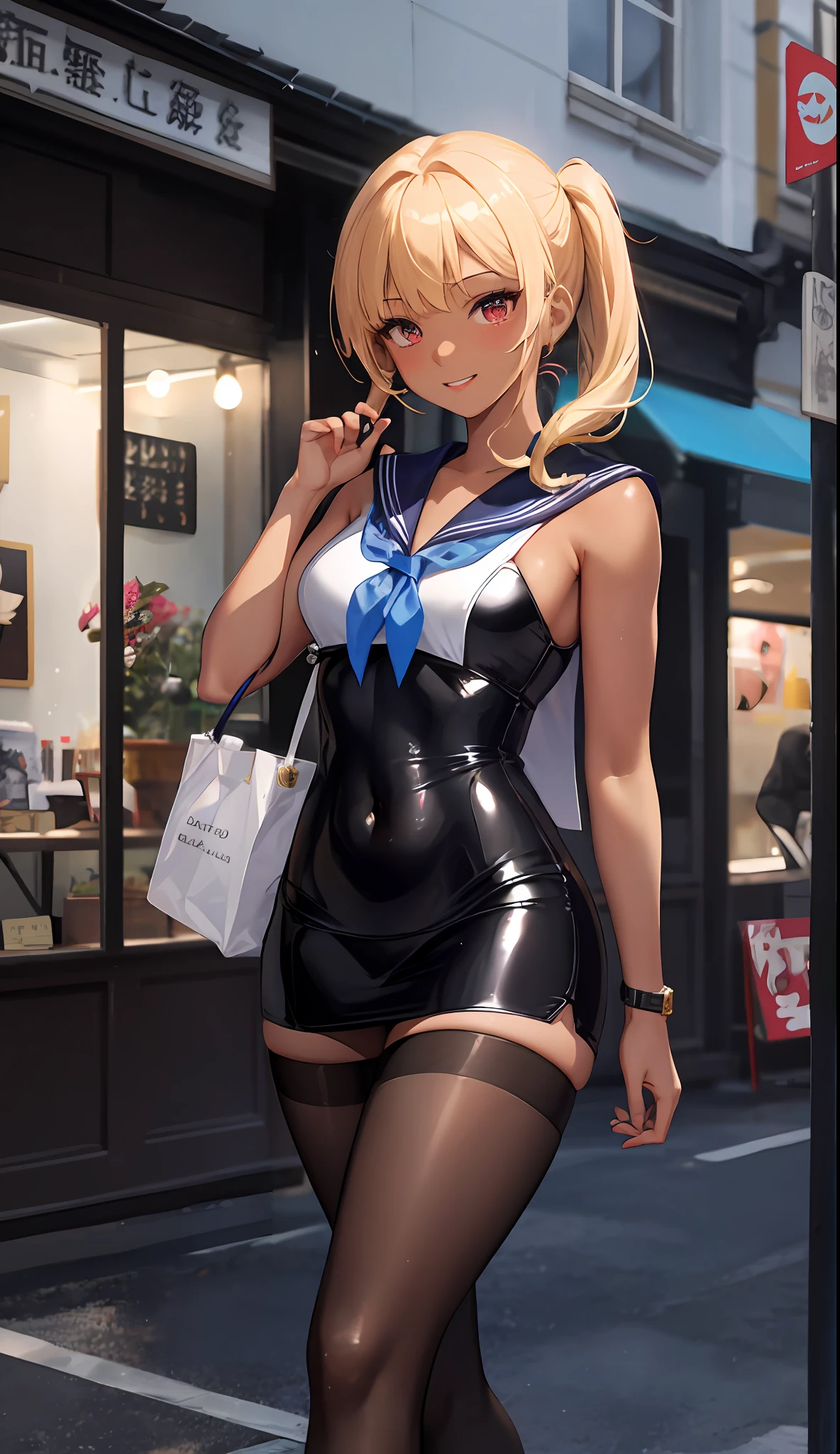1 girl、masterwork、beautiful lighting、Detailed beautiful face、Detailed beautiful eyes、Highresolution、Ultra-fine illustration、anextremelydelicateandbeautiful、maximum quality、The whole body is shown、Feet first、(熟女:1.2), 独奏, 30s,((dark skinned:1.3)), (a blond, Blunt bangs ,ponytails,Red eyes),, Curvaceous, (lustrous Some hair, gloss eyes, shinny skin), laugh, Sorrisos, (shining skin:1.7), 、thighhights、highleg、、((sailor clothing)),Pichi Pichi clothes、Latex、Short skirt、uniformed、The navel is visible、pelvic curtain、armpits、Sorrisos、black thighhighs、Watch your audience、under-boobs、blushed、perspiration、Jeweled、thick thigh、Parting lips、pantyhose、Blushing cheeks、tiptoes、loafers