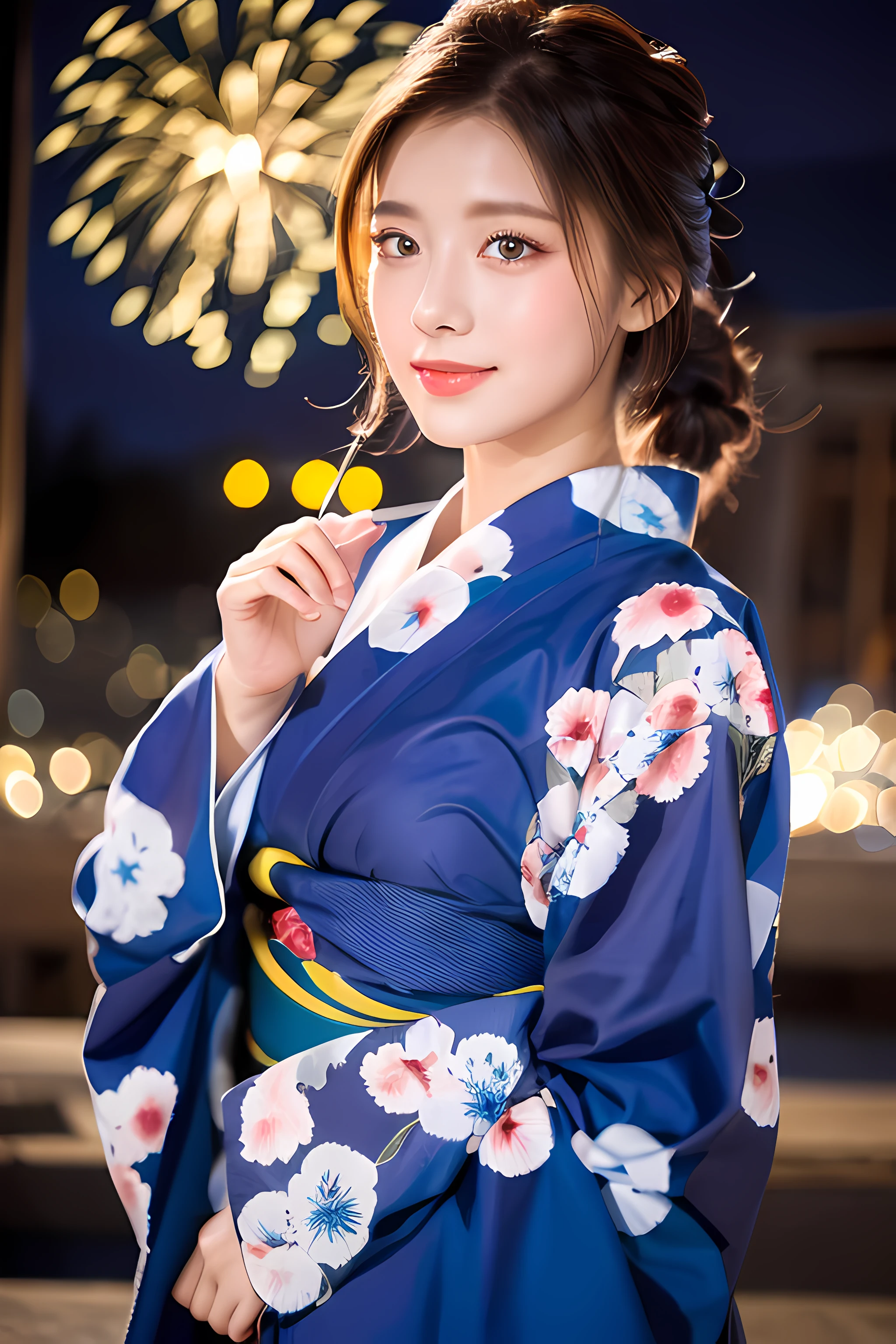 ((masterpiece, top quality, super definition, high definition)), 4K. solo, beautiful girl, shining eyes, perfect eyes, beautiful sister of Japan, blue theme, yukata, background is night fireworks