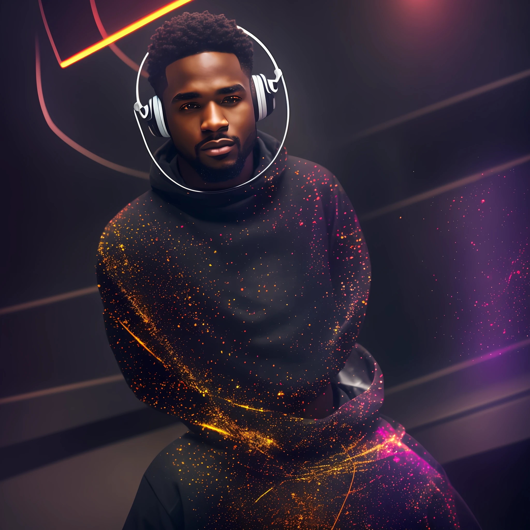 "Black man in sweatshirt playing listening to viniu disc of , 3D, ultra quality, vibrant, flawless lighting, dynamic angle, flawless details, amazing texture, realistic appearance" --auto --s2