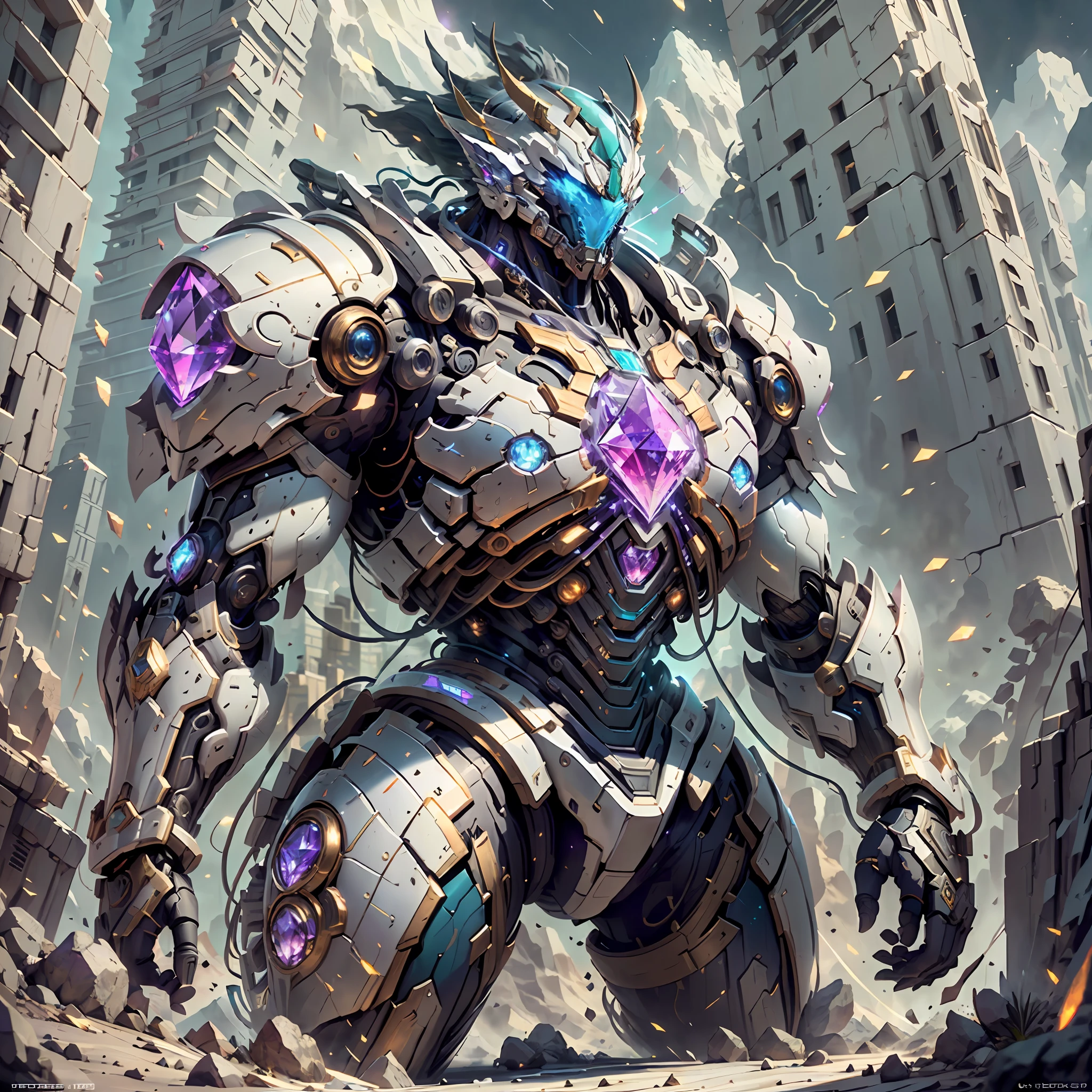 Ancient divine beast armor,Fighting posture,giant mecha,(Smooth surface),(Stand at the top of the mountain:1.2)(Overlooking the cyberpunk city),White is the main color，Comes with bright decorative colors such as red and gold。There are powerful thrusters,(crystal:1.3),(((Masterpiece))),(((Best quality))),((hyper detailed))((Extremely detailed CG)),((16K resolution))((An extremely delicate and beautiful)),{Photorealistic},Full of detailed light blooms,A masterpiece from the Canon EOS R6 shooting,((The Masterpiece)) ,Cinematic Lights,独奏,Unreal Engine 5,(distance view:1.5)