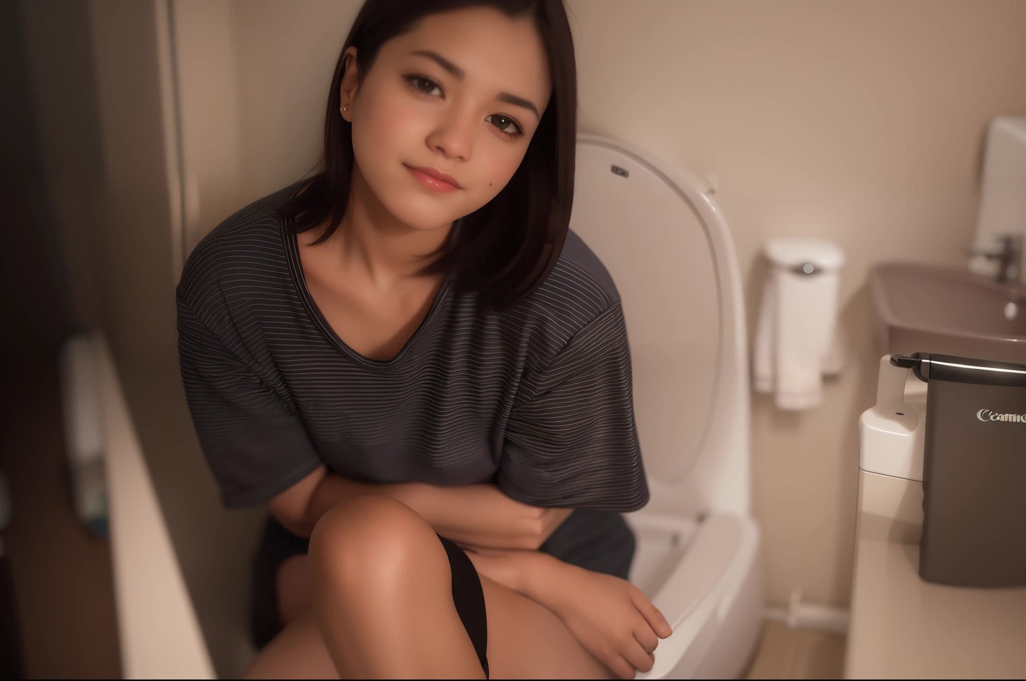 there is a woman sitting on a toilet in a bathroom, siting on a toilet, taken with canon eos 5 d mark iv, taken with canon eos 5 d, taken with canon 5d mk4, taken with a canon eos 5d, taken with a canon eos 5 d, in bathroom, taken with canon 8 0 d, in a bathroom
