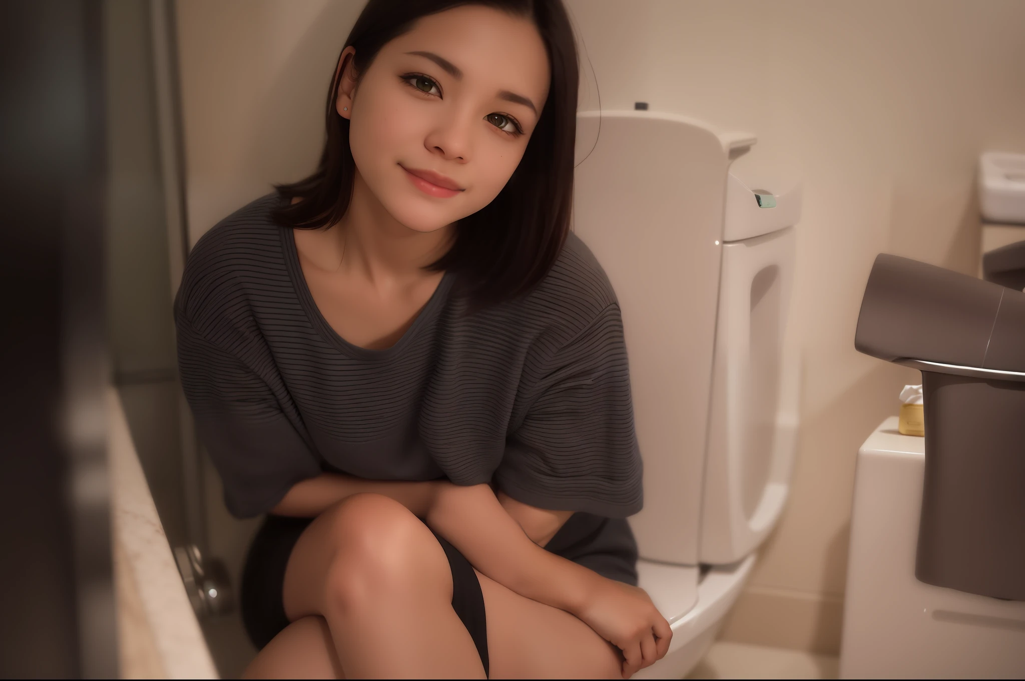 there is a woman sitting on a toilet in a bathroom, siting on a toilet, taken with canon eos 5 d mark iv, taken with canon eos 5 d, taken with canon 5d mk4, taken with a canon eos 5d, taken with a canon eos 5 d, in bathroom, taken with canon 8 0 d, in a bathroom