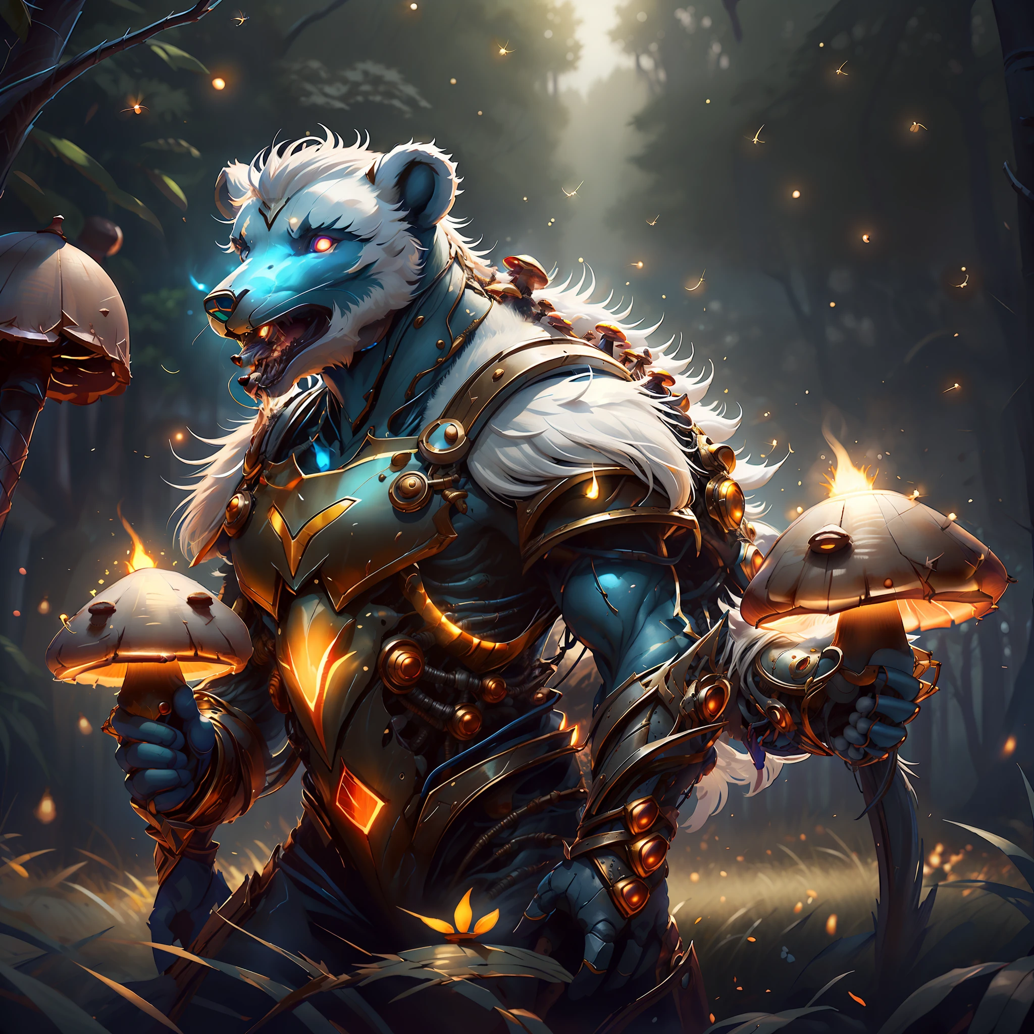 (masterpiece, 4k ,ultra detailed:1.2),(fantasy:1.2),illustration,(realistic:1),(photorealistic:1),
(Volibear, the champion from League of Legends:1.6),
(white hair,very long fur:1.6),(roaring with open mouth:1.3),(white bear with blue eyes and a glowing light on its face:1.4),
(musculous body,blue rays coming out of eyes,rays surrounding around,giant bear:1.3),
(forest, night, lighted mushrooms, fireflies:1.2),