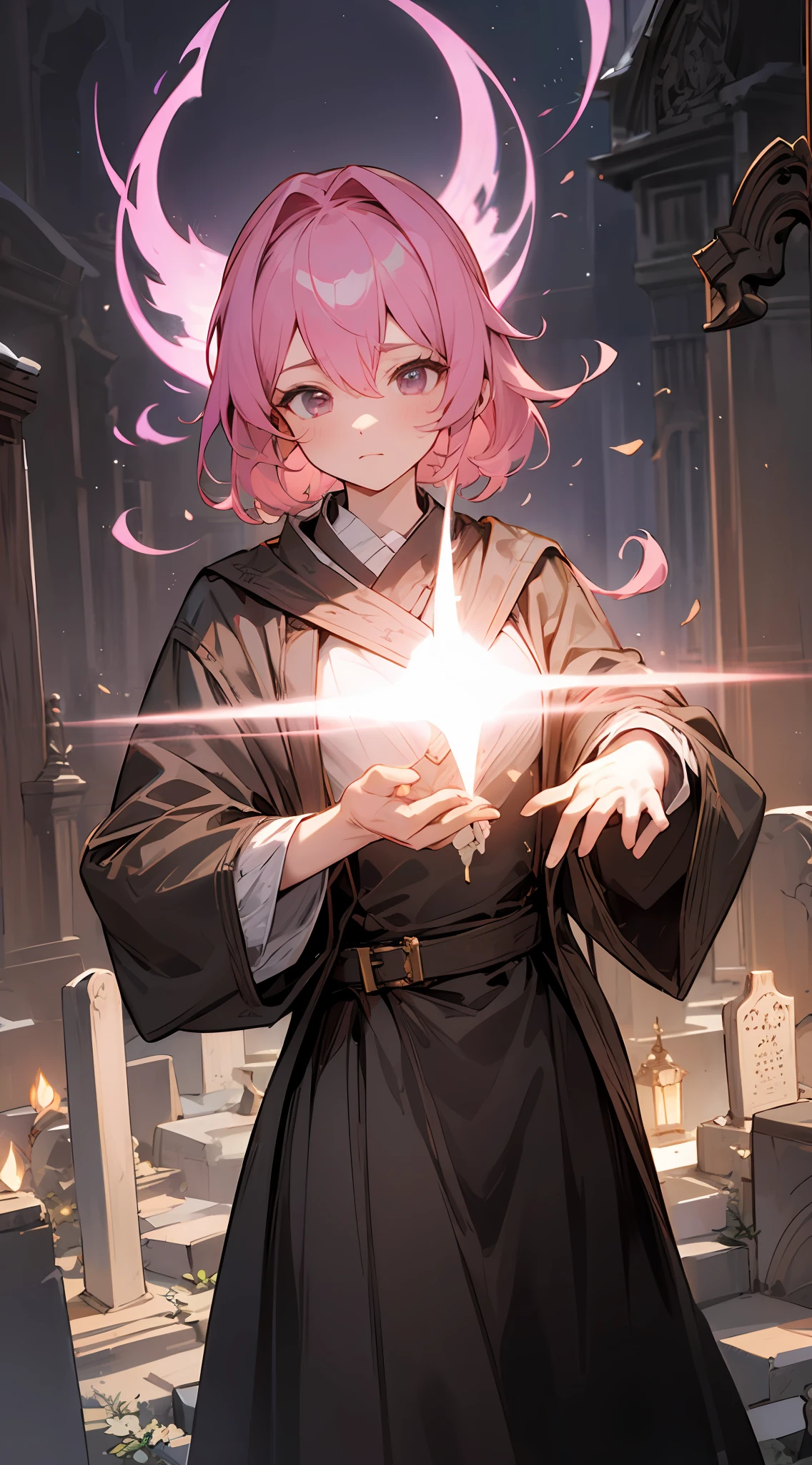 Emitting a sacred light、Inside a dark Western-style cemetery、healer、Pink hair、Unleash the magic、
