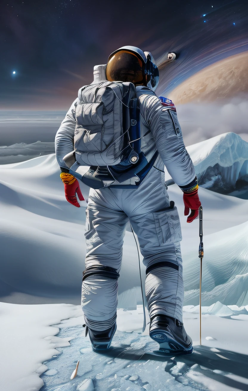 Astronaut walking around the planet with a backpack in hand, astronaut walking, walking across ice planet, astronaut stranded on planet, astronaut standing looking, standing in outer space, The astronaut, detailed astronaut, The astronaut, astronaut in space, An astronaut, movie poster character, Spacesuit, inspired by Aleksandr Gerasimov, an astronaut lost in the ocean