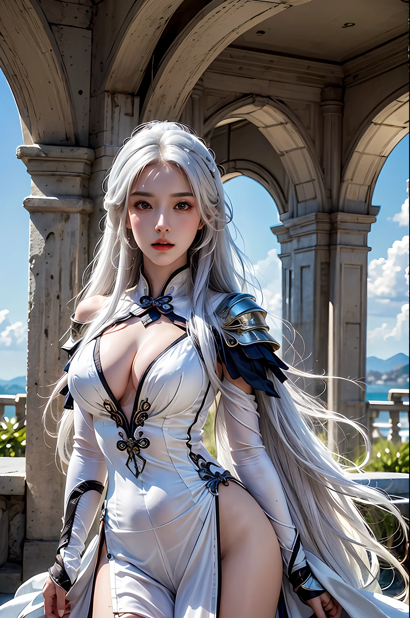 best quality, masterpiece, ultra-detailed, detailed light, (RAW photo:1.2), (photorealistic:1.4),(masterpiece:1.3),(best quality:1.4) 1girl, detailed face, solo, hips up, long hair, white hair, sky, dress, armor, cloud, chinese armor