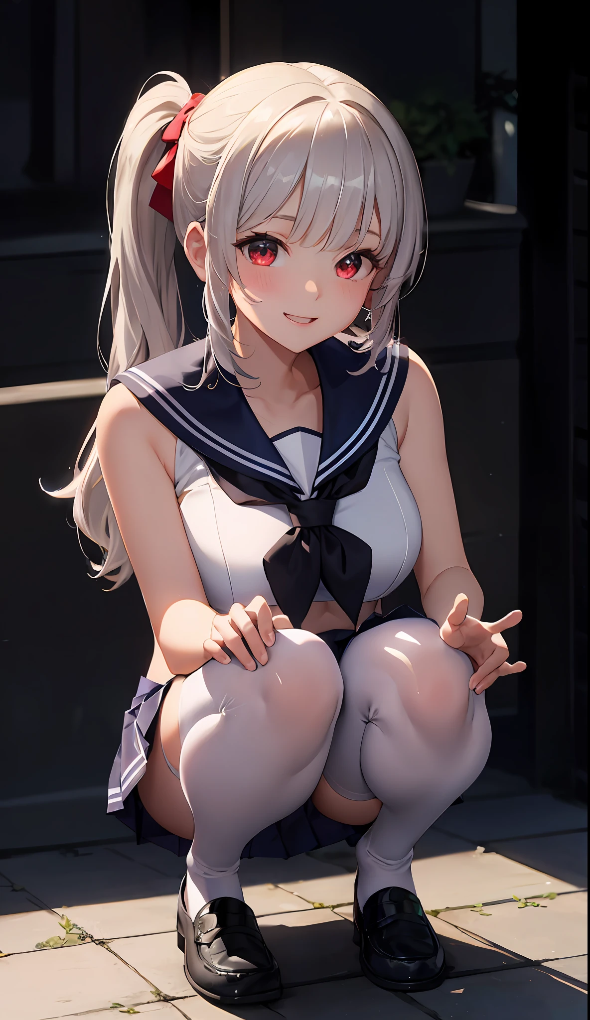 1 girl、masterwork、beautiful lighting、Detailed beautiful face、Detailed beautiful eyes、Highresolution、Ultra-fine illustration、anextremelydelicateandbeautiful、maximum quality、The whole body is shown、Feet first、(熟女:1.2), ((squatting:1.5)),Open knees、独奏, 30s,White Skin Skin, (silver haired, Blunt bangs ,ponytails,Red eyes),, Curvaceous, (lustrous Some hair, gloss eyes, shinny skin), laugh, Sorrisos, (shining skin:1.2), 、thighhights、((squating、Open legs))、front facing、((sailor clothing)),Pichi Pichi clothes、ratex、Short skirt、uniformed、The navel is visible、pelvic curtain、armpits、Sorrisos、black thighhighs、Watch your audience、under-boobs、blushed、perspiration、jeweled、thick thigh、Parting lips、pantyhose、Blushing cheeks、tiptoes、loafers