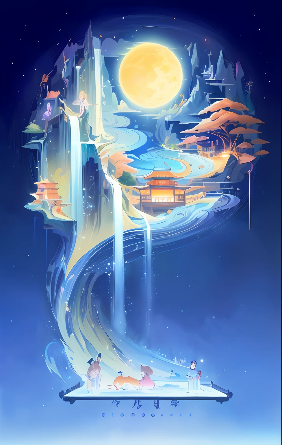there is a poster of a cartoon scene with a waterfall, a beautiful artwork illustration, poster artwork, dreamy illustration, jen bartel, an illustration of inspired by Victo Ngai, Makoto Shinkai Cyril Rolando, G Liulian art style, anime fantasy illustration, , Chinese style fantasy, victo ngai style, very coherent stylized artwork --auto