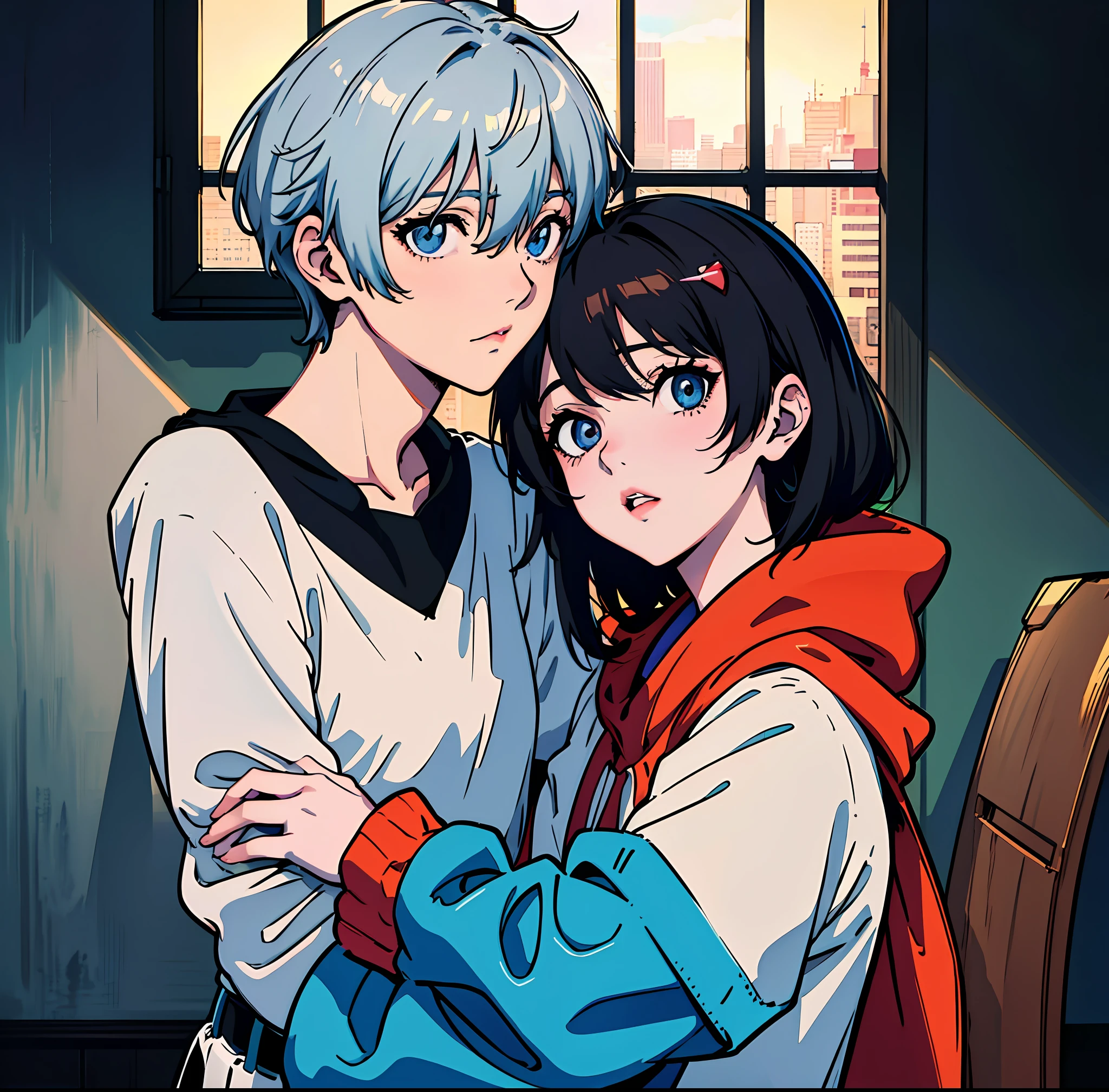 (masterpiece), (best quality), (official art, extremely detailed CG unity 8k wallpaper), (highly detailed), ((absurdres)), (best shadow), (detailed background), (delicate eyes, captivating eyes, complex eyes, detailed eyes, perfect eyes),, a couple of people hugging each other in front of a window, anime vampires, gapmoe yandere grimdark, yandere, gapmoe yandere, kissing together cutely, nightcore, guweiz, mirai nikki, ( ( ( yoshinari yoh ) ) ), ( evangelion ), anime asthetic, visual novel cg