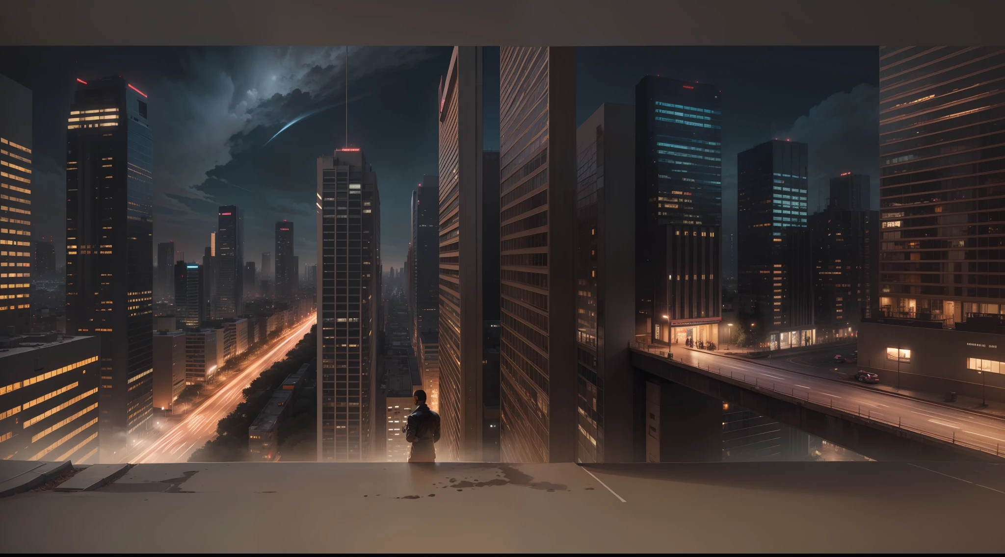 (((masterpiece))), better quality, ultra detailed, night lighting, urban climate, intense atmosphere, (black man), (brown woman), (atmospheric perspective), (night city).