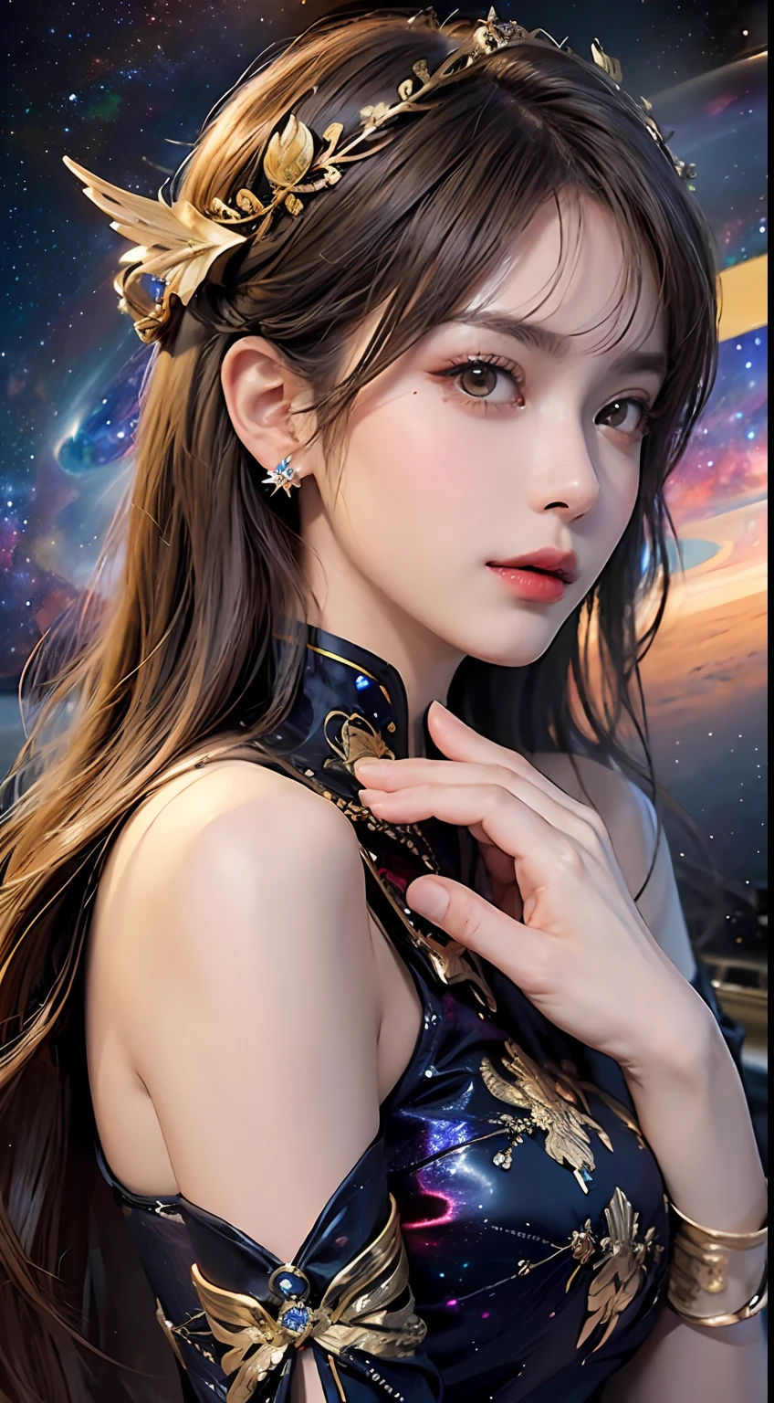 1 27-year-old girl, 1 zodiac goddess from the future, goddess of the pink and purple 12 zodiacs, the goddess of the zodiac in a yellow ao dai, a 12 zodiac ao dai with many black lace detail, mythology Goddess of the 12 zodiacs from the future, zodiac ♏, luxurious glittering zodiac style, dark and mysterious version, zodiac crown, lipstick lips red, thin and beautiful lips, don't smile, keep your mouth shut, characters made by karol bak and pino daeni, intricate detail, detailed background, extremely detailed, light magic, a woman, clear face, look at the face of goddess zodiac look at the zodiac goddess face, round breasts, Big and round breasts, phoenix hair brooch, hair long with bangs, beautiful face in detail and well-proportioned eyes, (transparent yellow eyes: 1.8), big round eyes and very beautiful and detailed makeup, foresight, silk dress, mysterious makeup, Bangles, double bangs and dyed light blonde, upper body, (zodiac goddess upper body: 1.9), arms hanging loosely, Realistic and vivid photo, (stars make up the zodiac: 1.7), (sky background zodiac and fictitious space and time portal: 1.8), fiction art, RAW photo, hanfu picture, best photo, high_res, best quality, best photo quality, 8k quality, 8k ultra, super realistic, real photo most economical, artistic portrait of goddess zodiac, 1 symbol of 12 zodiac signs on the back, single portrait of 1 zodiac goddess, The most realistic color scheme, the best photo color, masterpiece, hair ornament, necklace, jewelry, Beautiful face, upon body, tyndall effect, photo realistic, dark studio, rim lighting, two tone lighting, (high detailed skin:1.2), 8k uhd, dslr, soft lighting, high quality, volumetric lighting, candid, Photograph, high resolution, 4k, 8k quality, Bokeh, Smooth and sharp, increase the pixel by 10x, Charming zodiac goddess, sexy zodiac goddess, (background space:1.8), (galaxy: 1.7), aurora, lightning, (Auroral Background: 1.8) <lora:locon_perfecteyes_v1_from_v1_