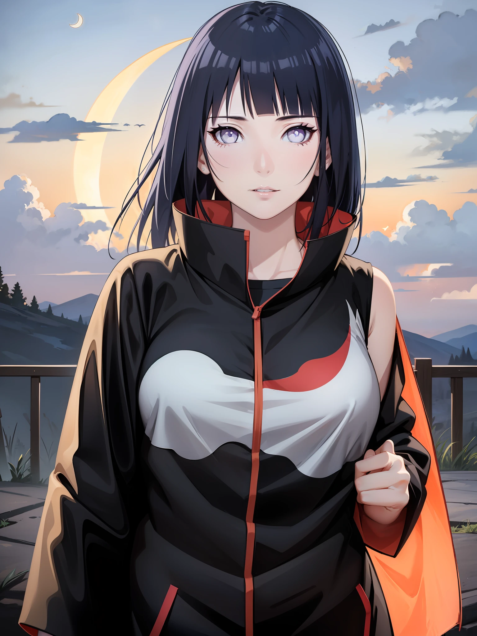 (masterpiece), (best quality), ultra high res, professional artwork, ultra detailed, intricate, detailed face, perfect lighting, 1girl, dark blue hair, (purple eyes), AKATSUKI OUTFIT, sleeveless, ninja, black cloak, black coat, high collar, collarbone, head, night, night sky, crescent moon, red moon, outdoors, (cowboy shot, far shot), blunt bangs, dark blue hair, long hair, cleavage