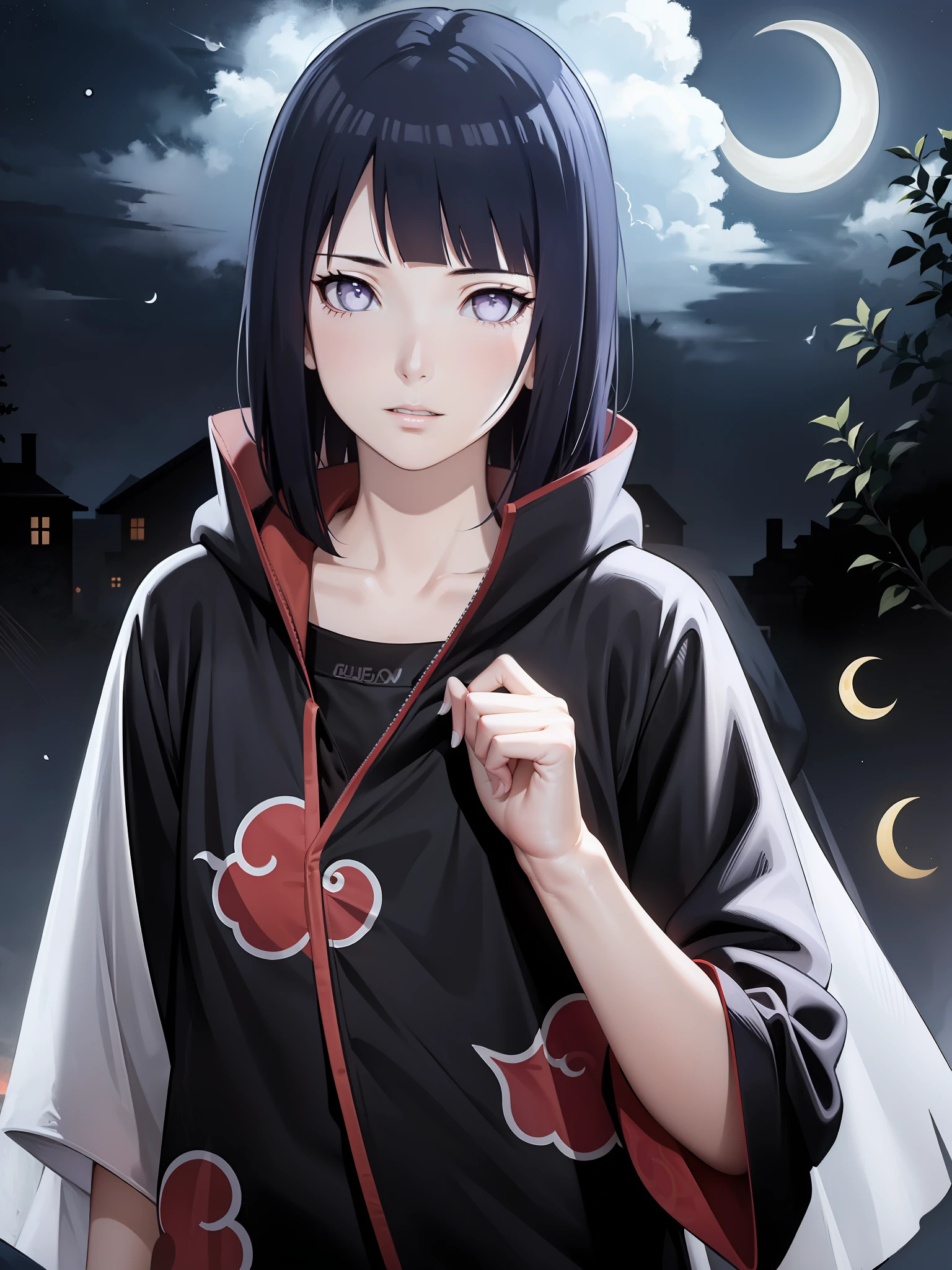 (masterpiece), (best quality), ultra high res, professional artwork, ultra detailed, intricate, detailed face, perfect lighting, 1girl, dark blue hair, (purple eyes), AKATSUKI OUTFIT, sleeveless, ninja, black cloak, black coat, high collar, collarbone, head, night, night sky, crescent moon, red moon, outdoors, (cowboy shot, far shot), blunt bangs, dark blue hair, long hair, cleavage