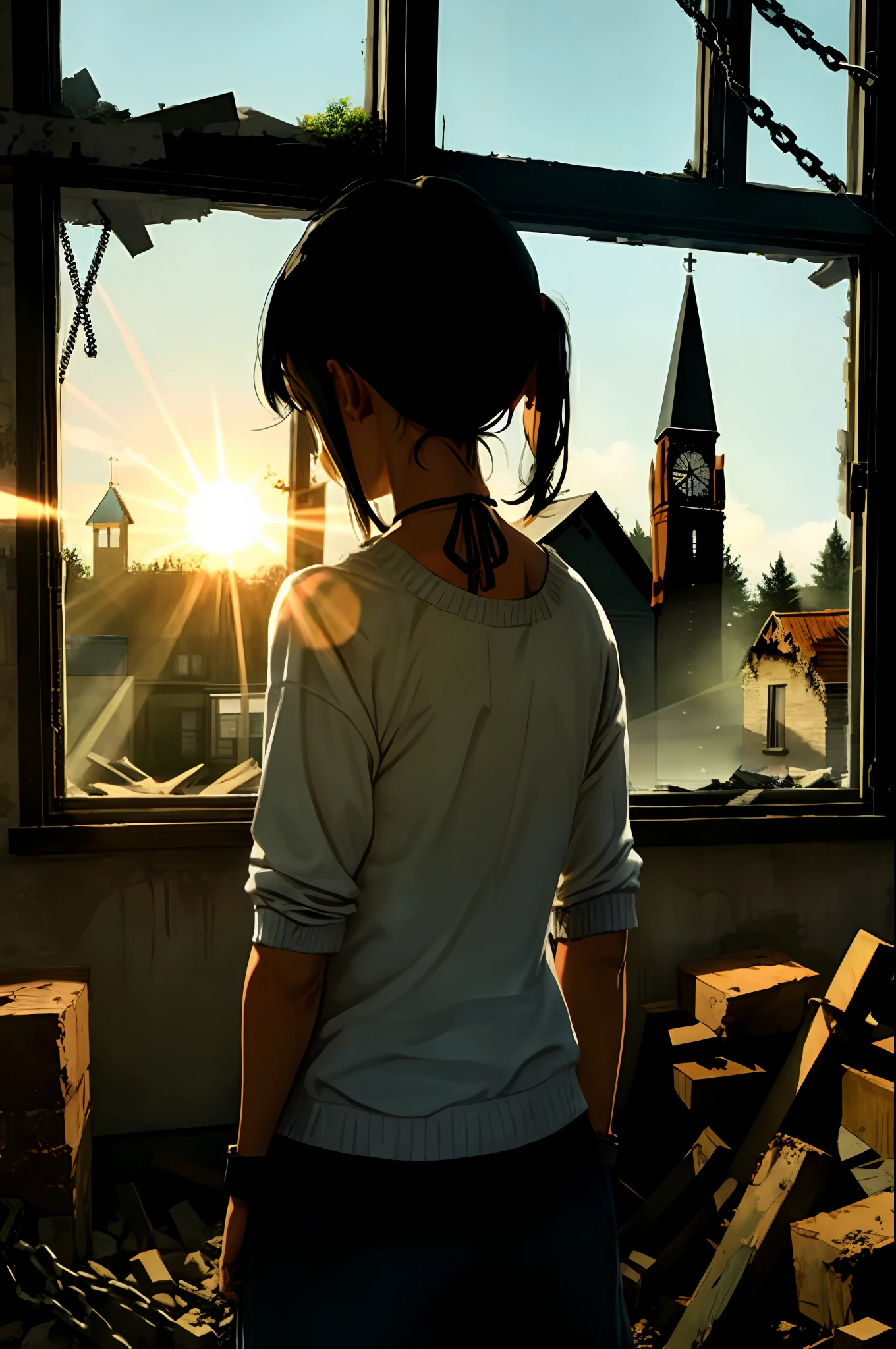 masterpiece, best quality, zombie girl, chained neck, looking away, abandoned church, broken walls, nature, acrylic glass window, sun shining in,